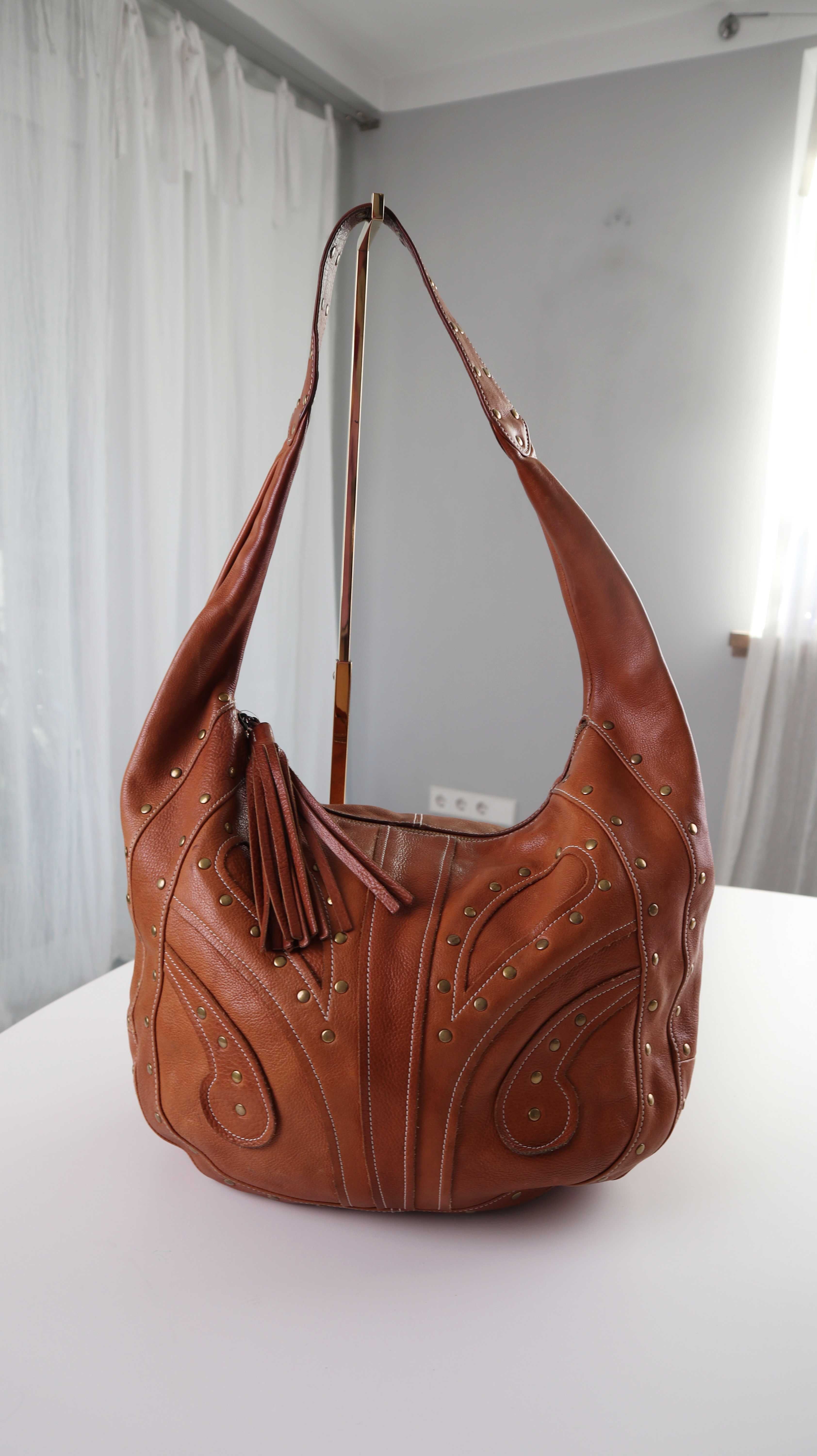 Abro Tasche Handtasche Schultertasche Ledertasche Braun Nieten Gold