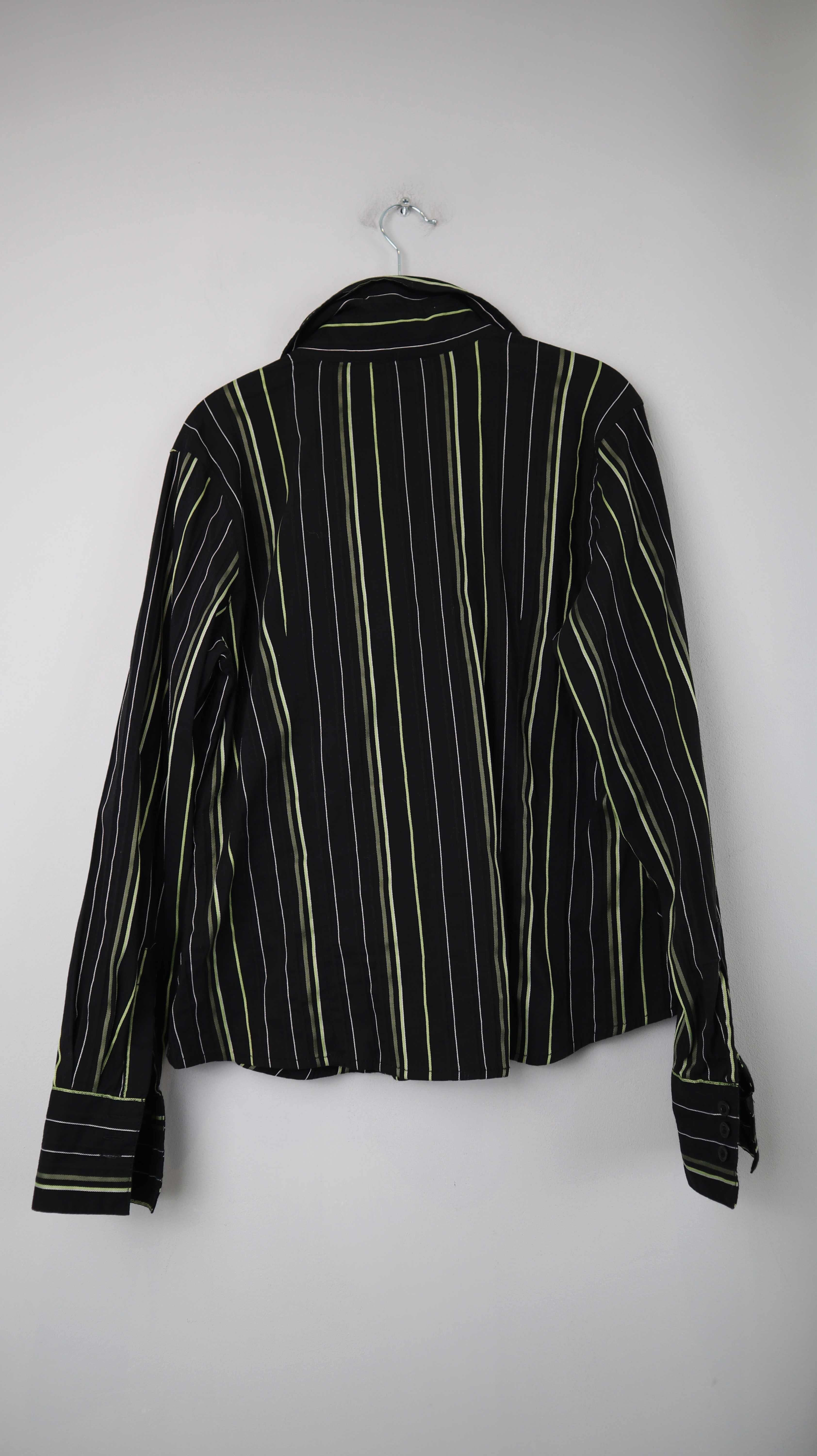 Joy Bluse Hemd schwarz grün 40 L 90s Vintage gestreift Nadelstreifen