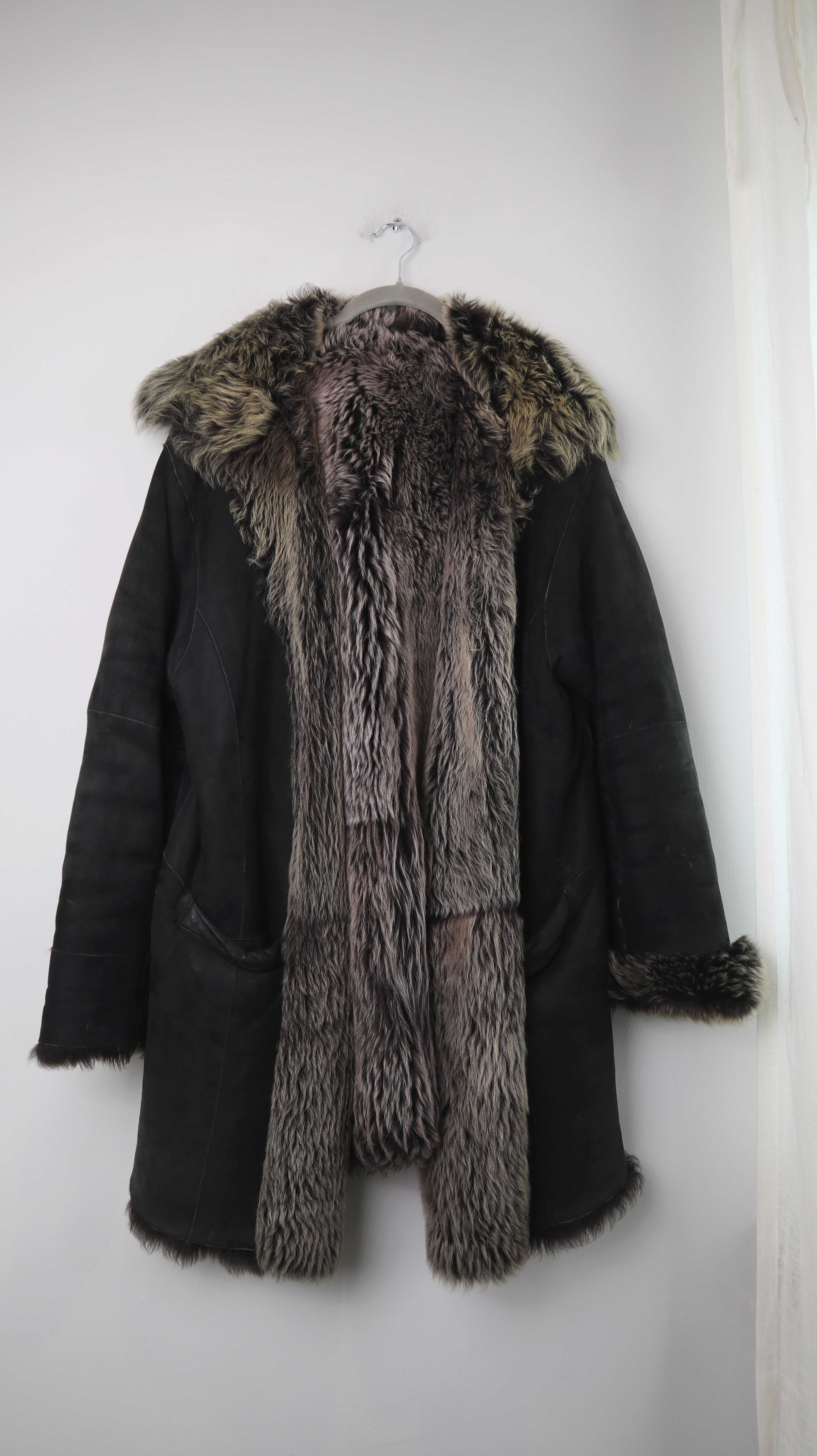 BIBA Mantel Lammfellmantel grau schwarz 40 L gefüttert Ledermantel Leder Jacke