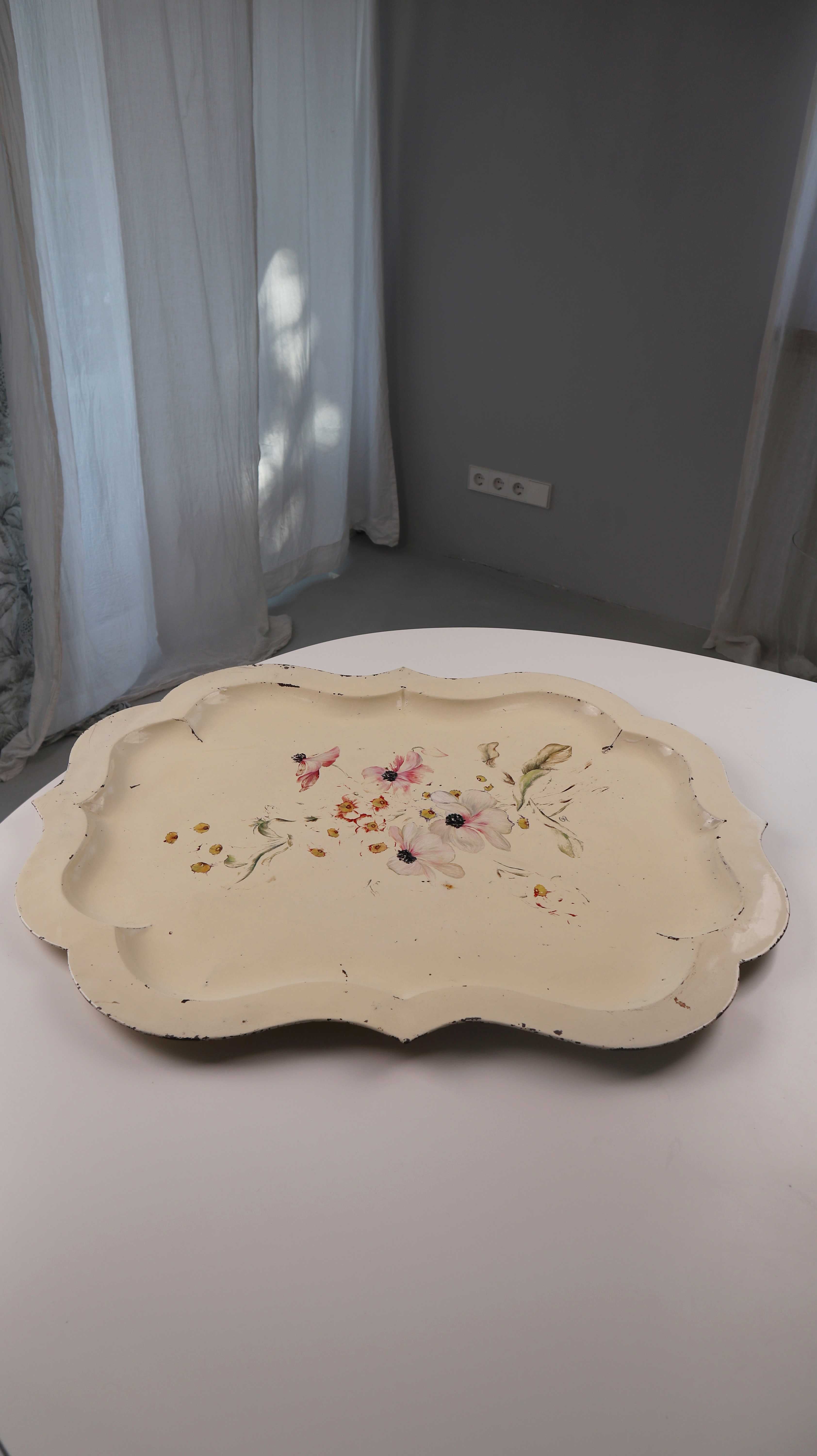 Antikes Tablett Creme Beige Metalltablett bemalt oval Blumen Floral