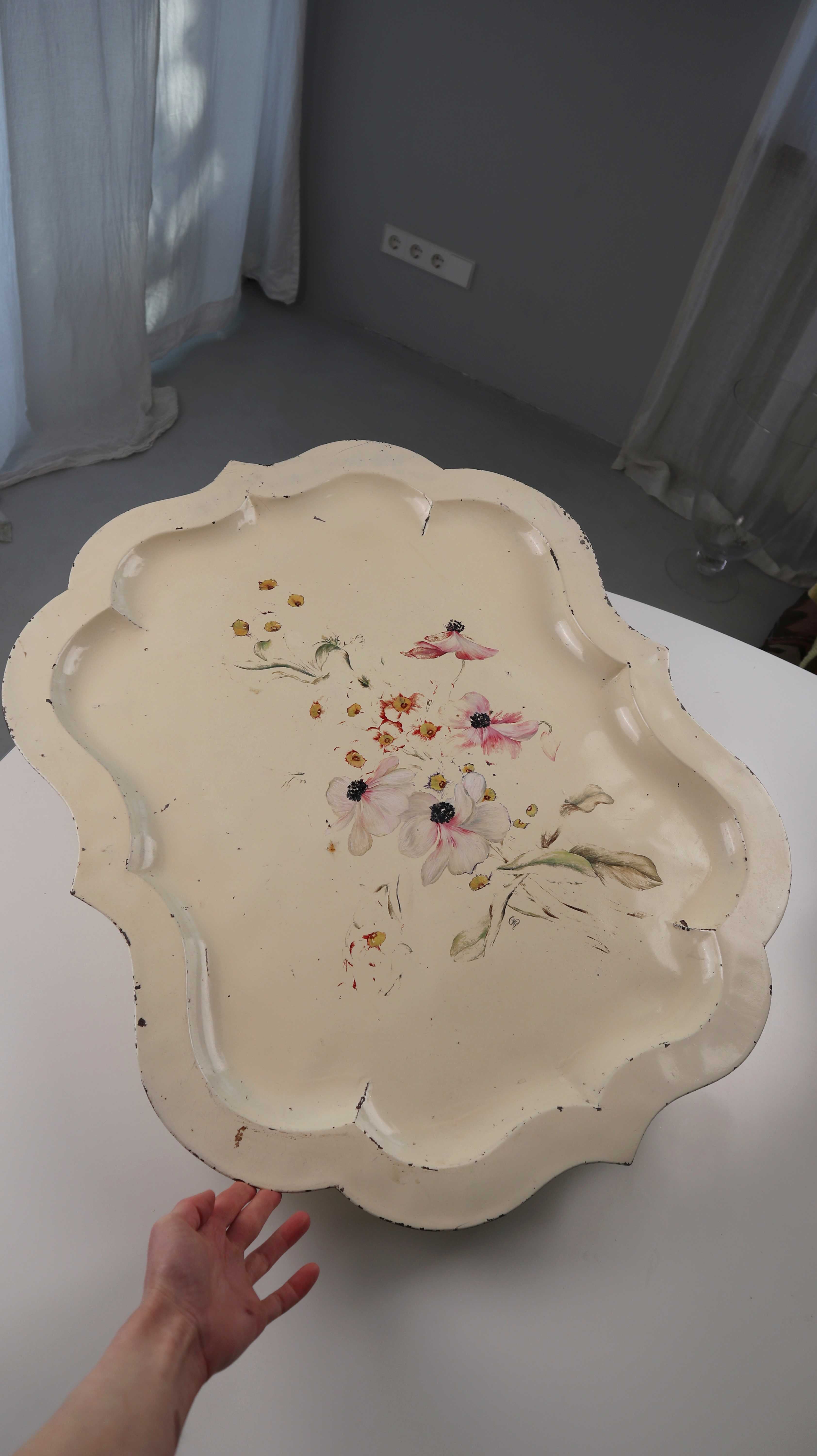 Antikes Tablett Creme Beige Metalltablett bemalt oval Blumen Floral