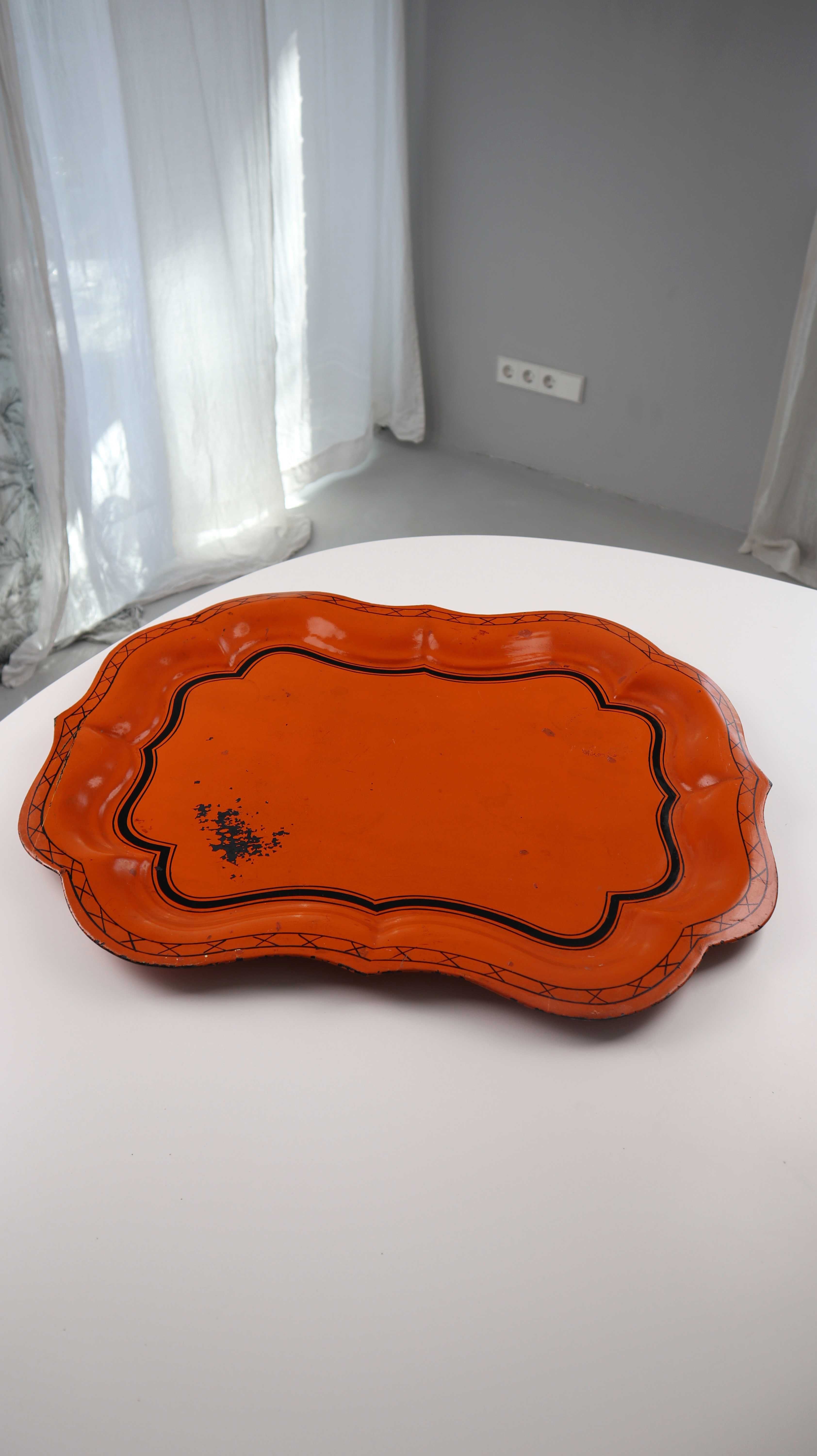 Französisches Vintage Metalltablett Tablett Oval Orange schwarz Handbemalt