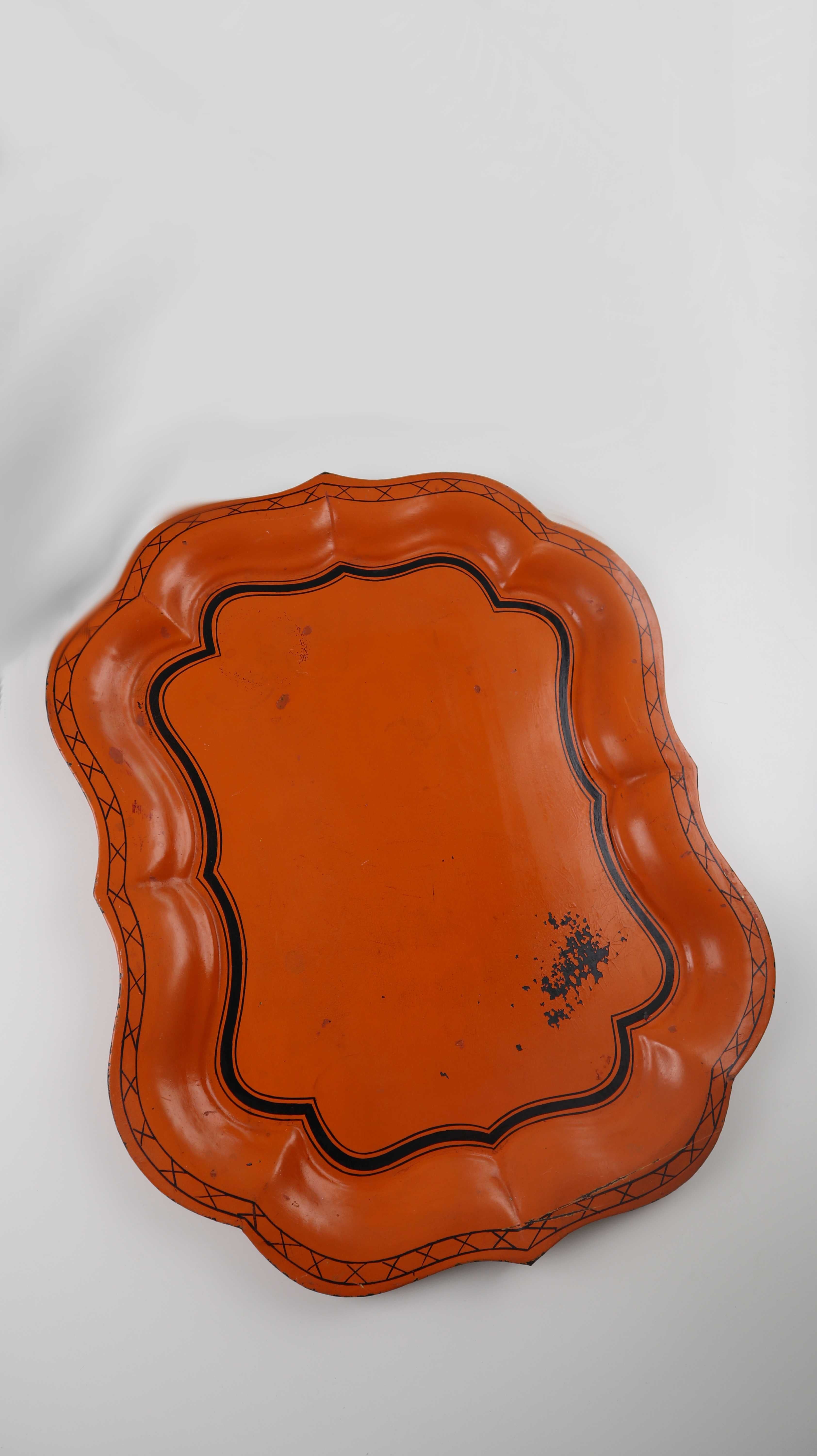 Französisches Vintage Metalltablett Tablett Oval Orange schwarz Handbemalt