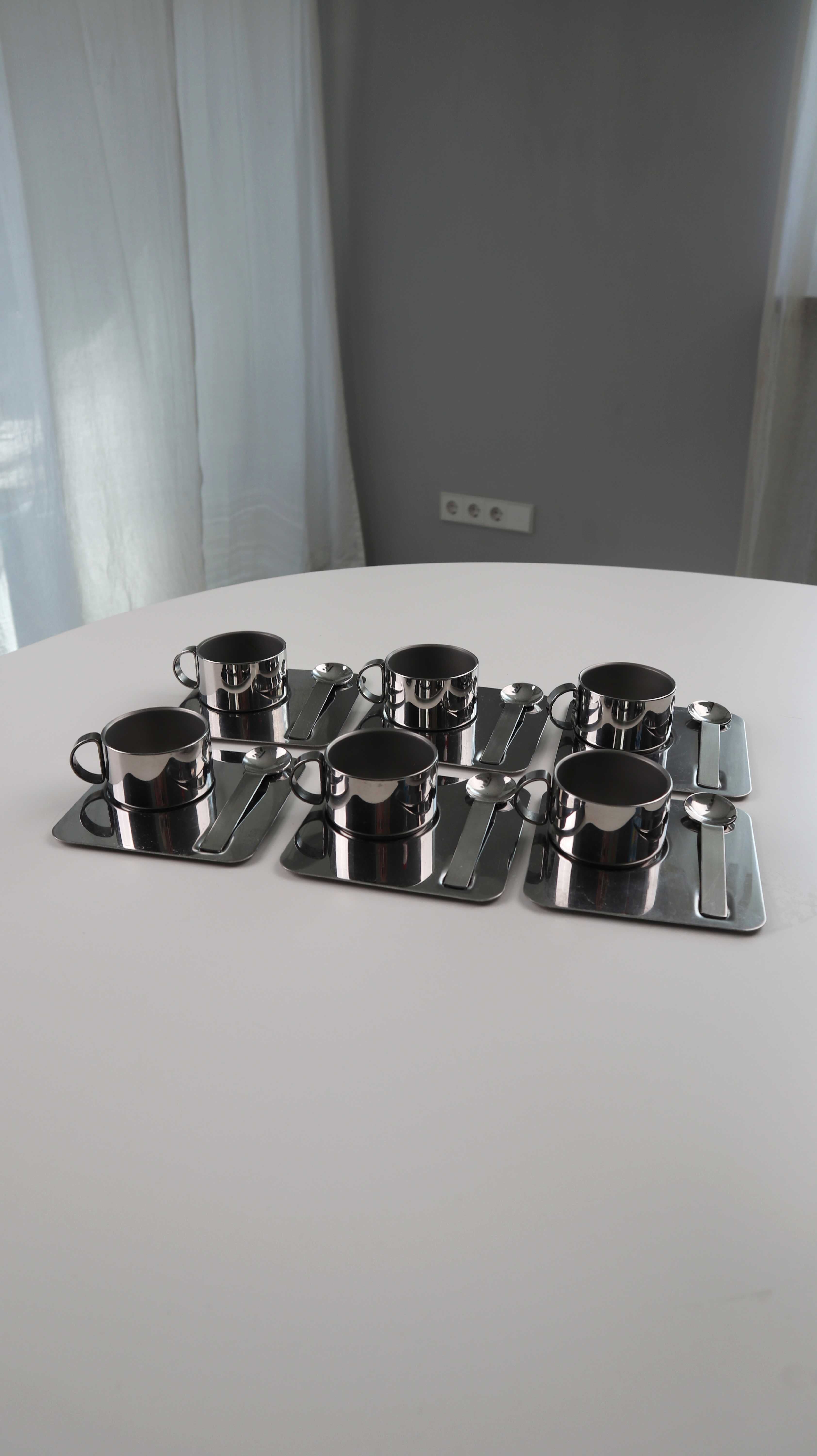 Italwaber 6 Espressotassen Chrom Silber Löffel Untersetzer Set made in italy