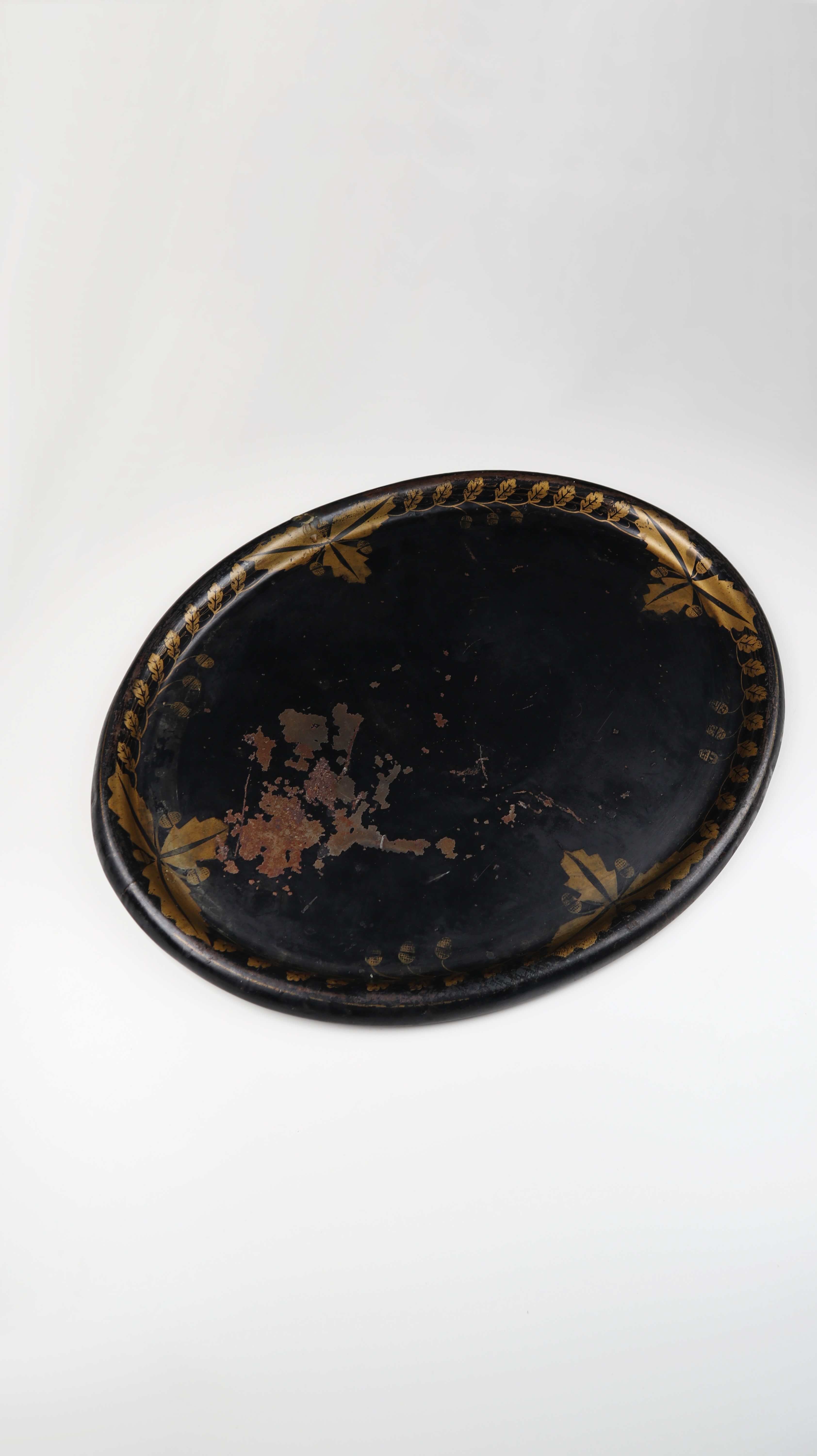 Vintage Tablett schwarz Gold Oval groß Eicheln Viktorianisch Intarsien