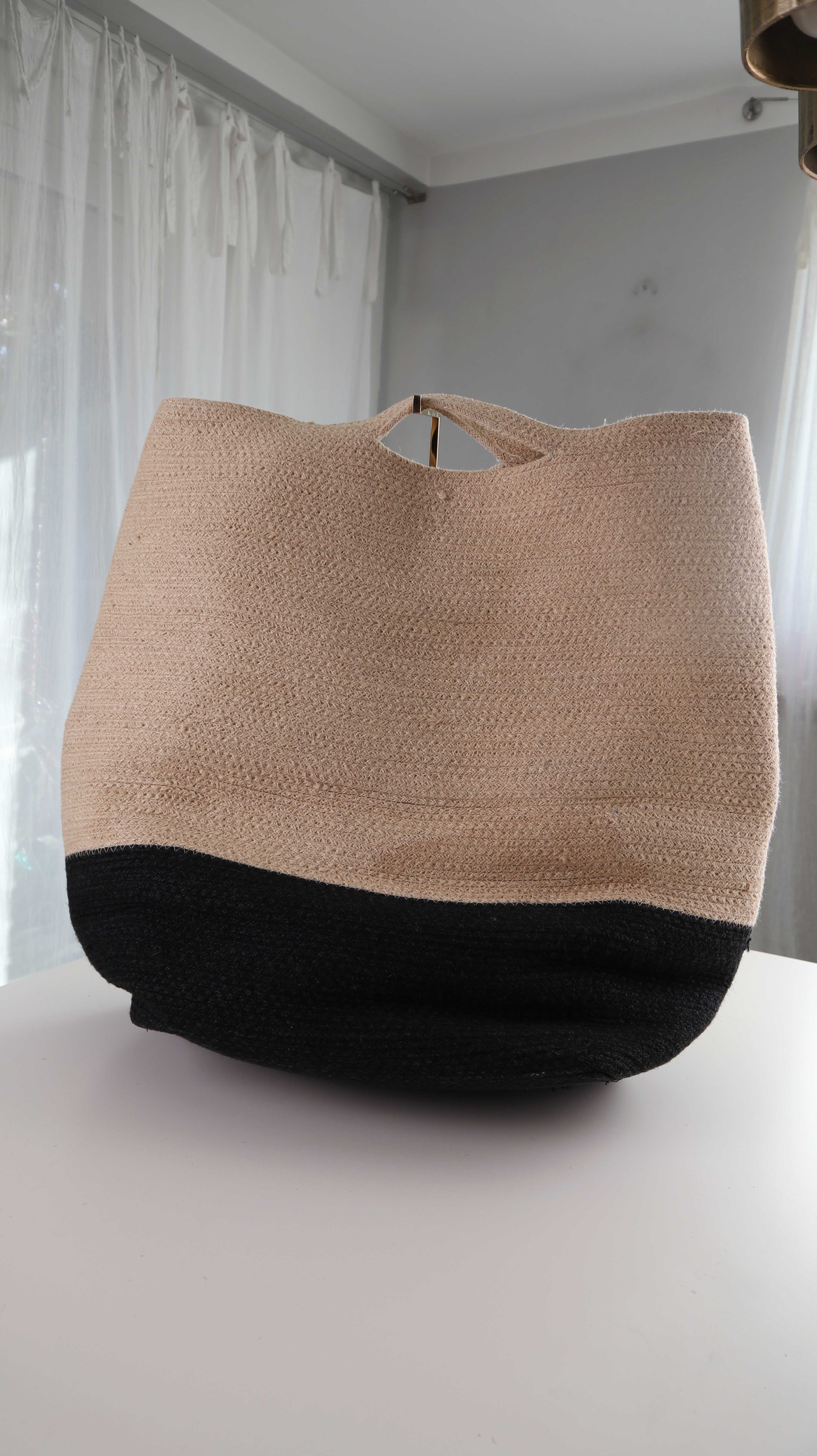 Wäschekorb geflochten beige schwarz Korb Wäschebeutel Beutel Wäschesack