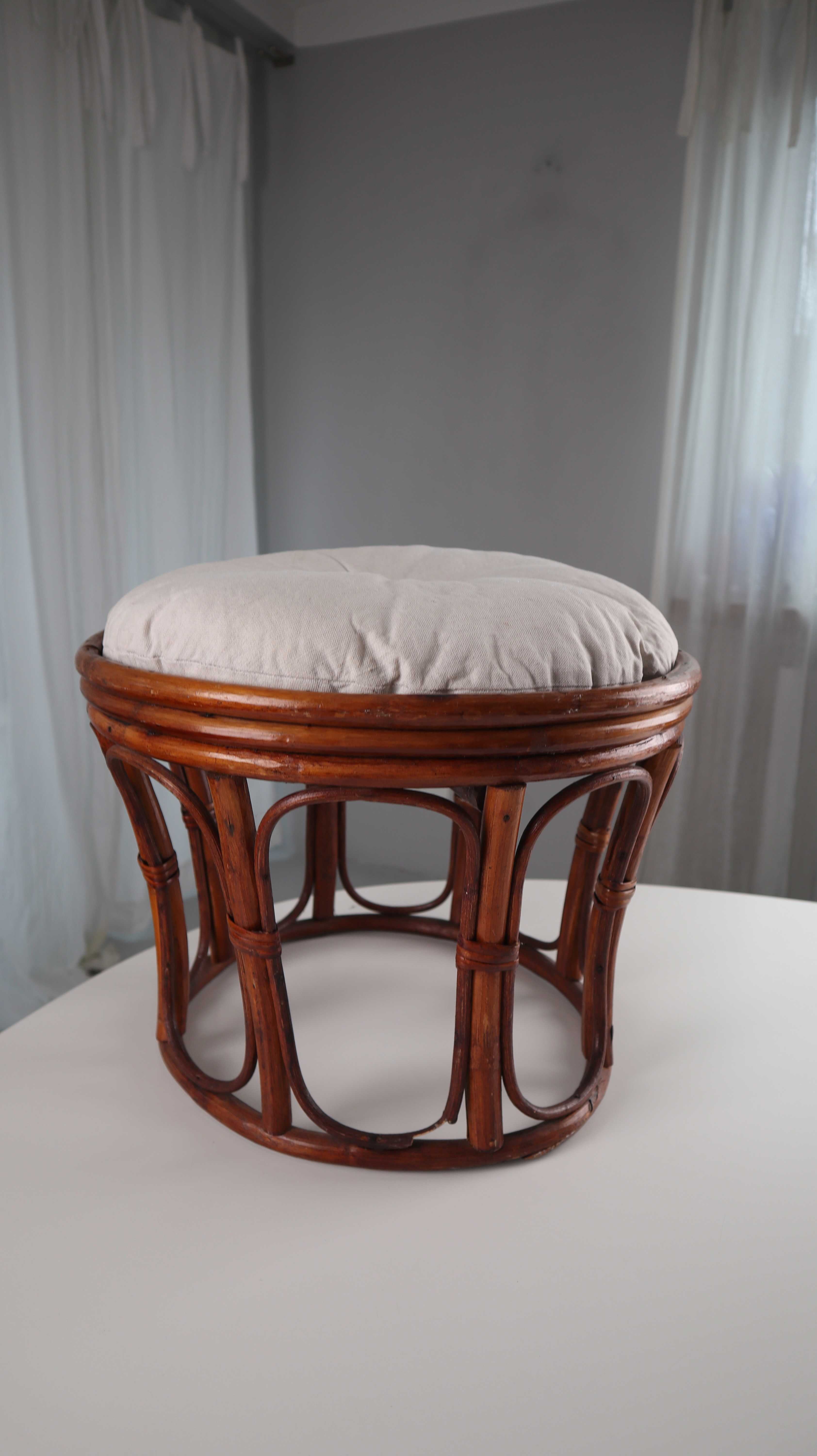 Hocker Rattanrocker rund Korbsessel Geflecht Vintage Holzhocker Bohemian