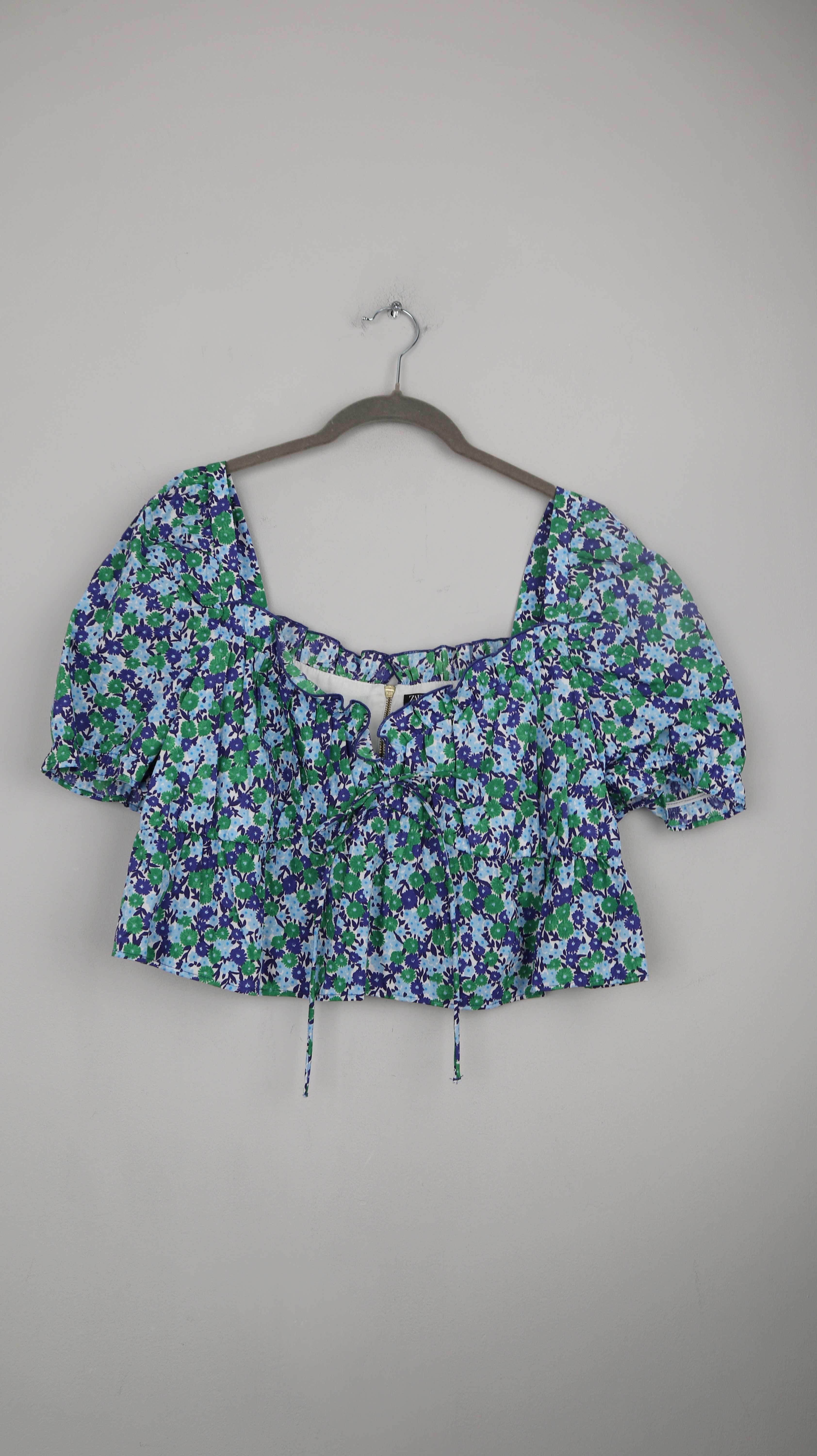 Zara Top Shirt 40 L Blumen Rüschenbluse Bluse Oberteil Blau Grün
