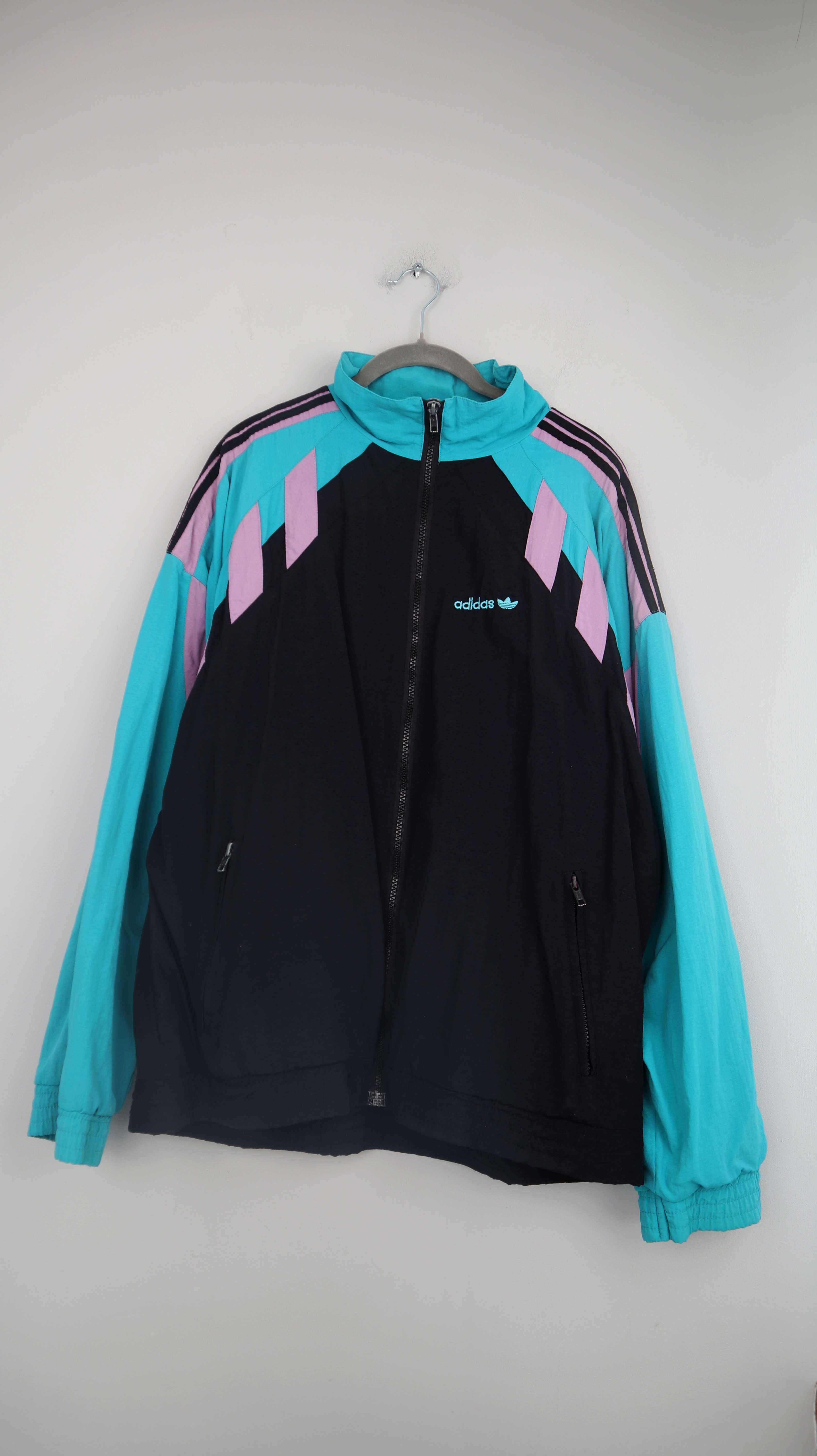 True Vintage Adidas Jacke Sportjacke Trainingsjacke 40 L schwarz türkis rosa
