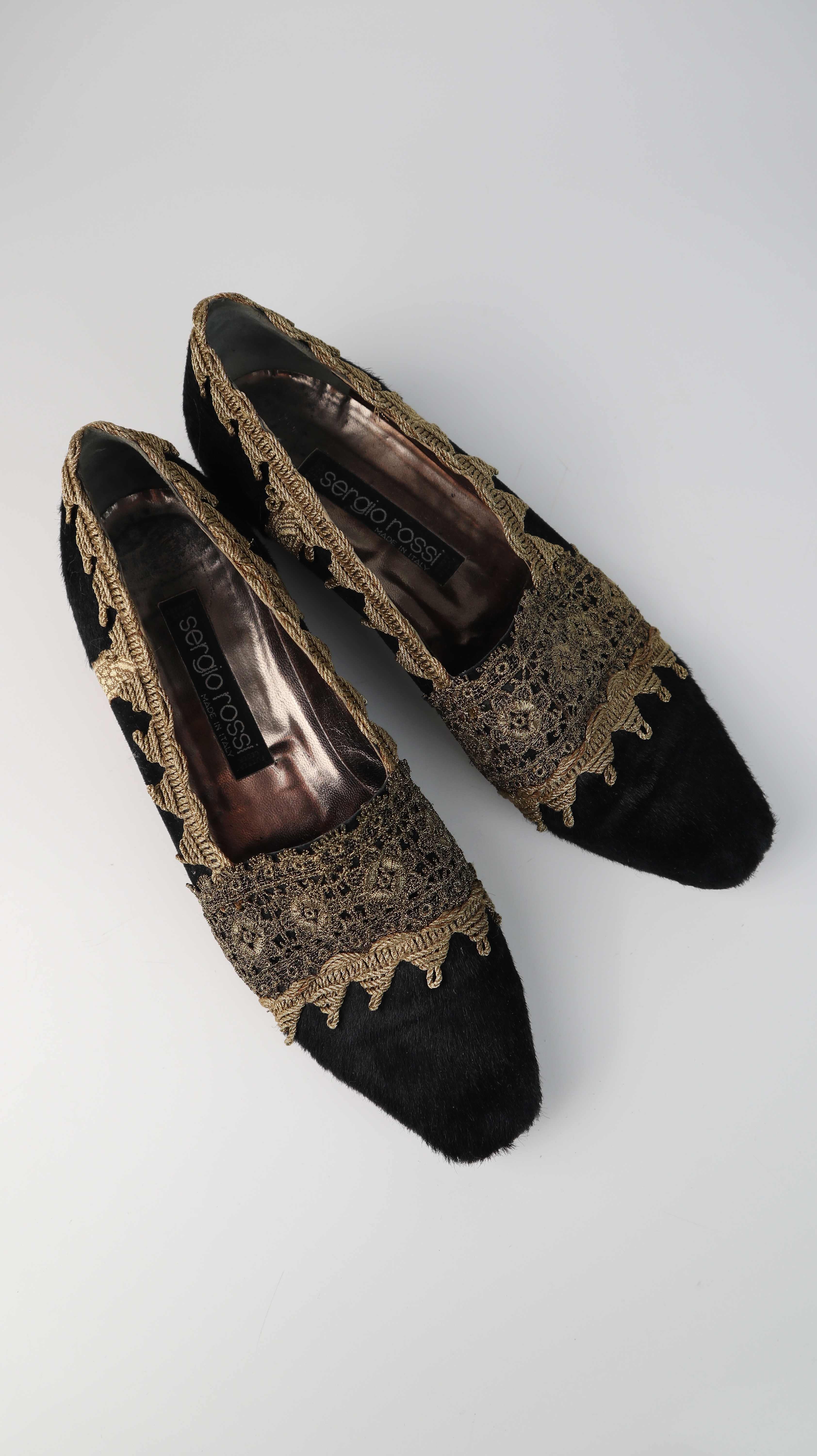 Sergio Rossi Slipper Loafer Ballerinas schwarz Gold 39,5 Fellslipper