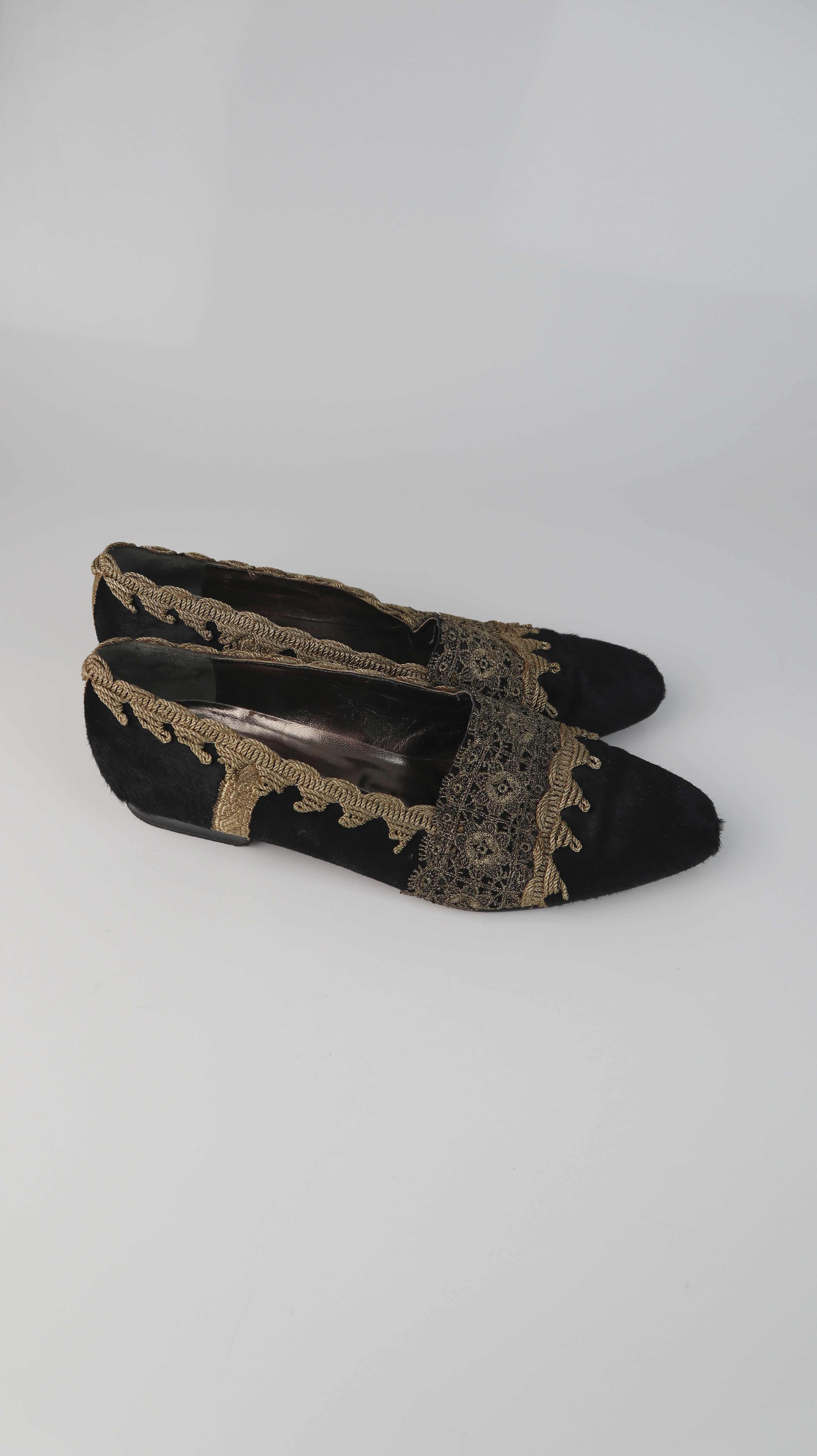 Sergio Rossi Slipper Loafer Ballerinas schwarz Gold 39,5 Fellslipper