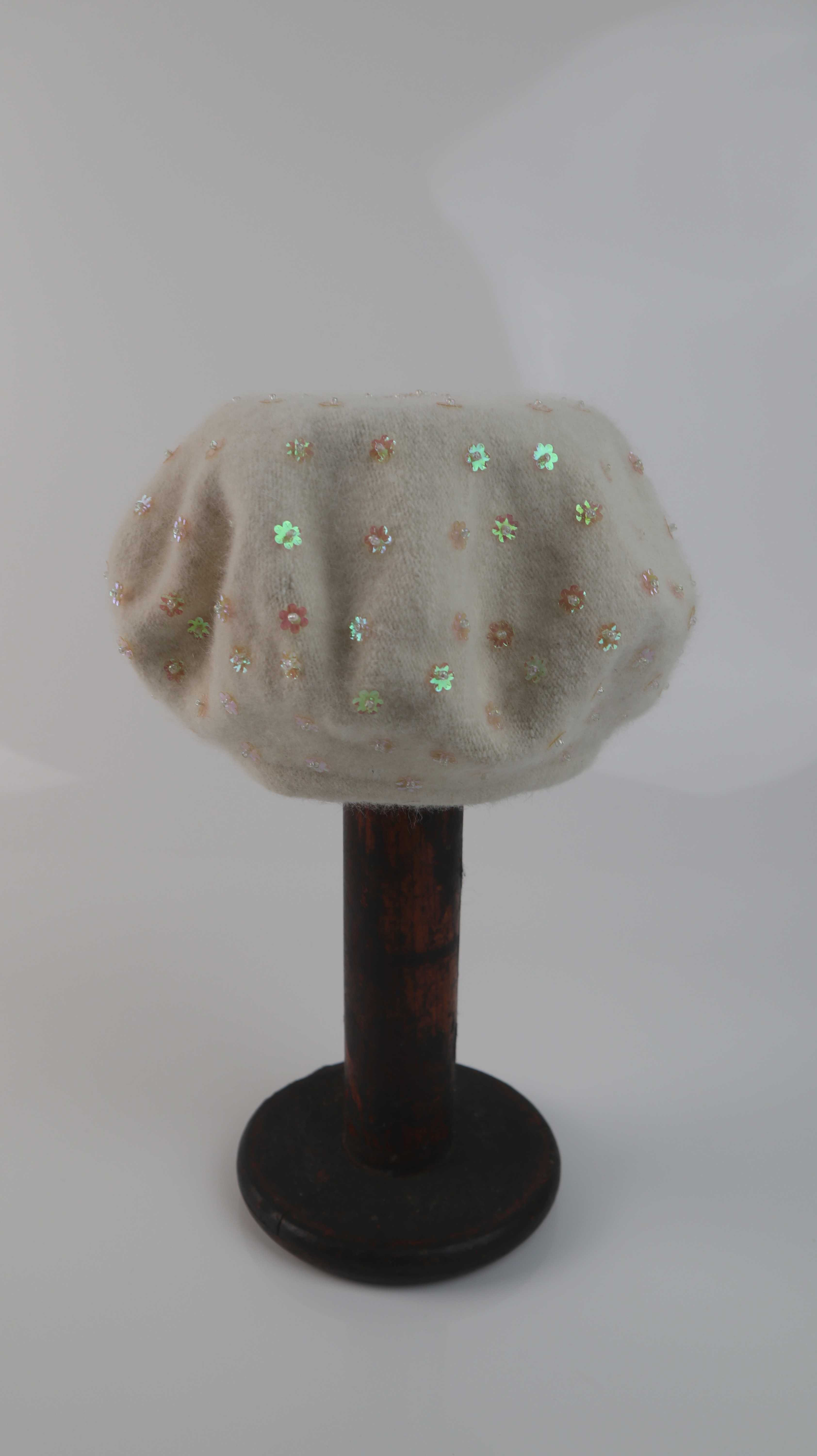 Barett französisch Creme Beige Wollmütze Pailetten Kappe