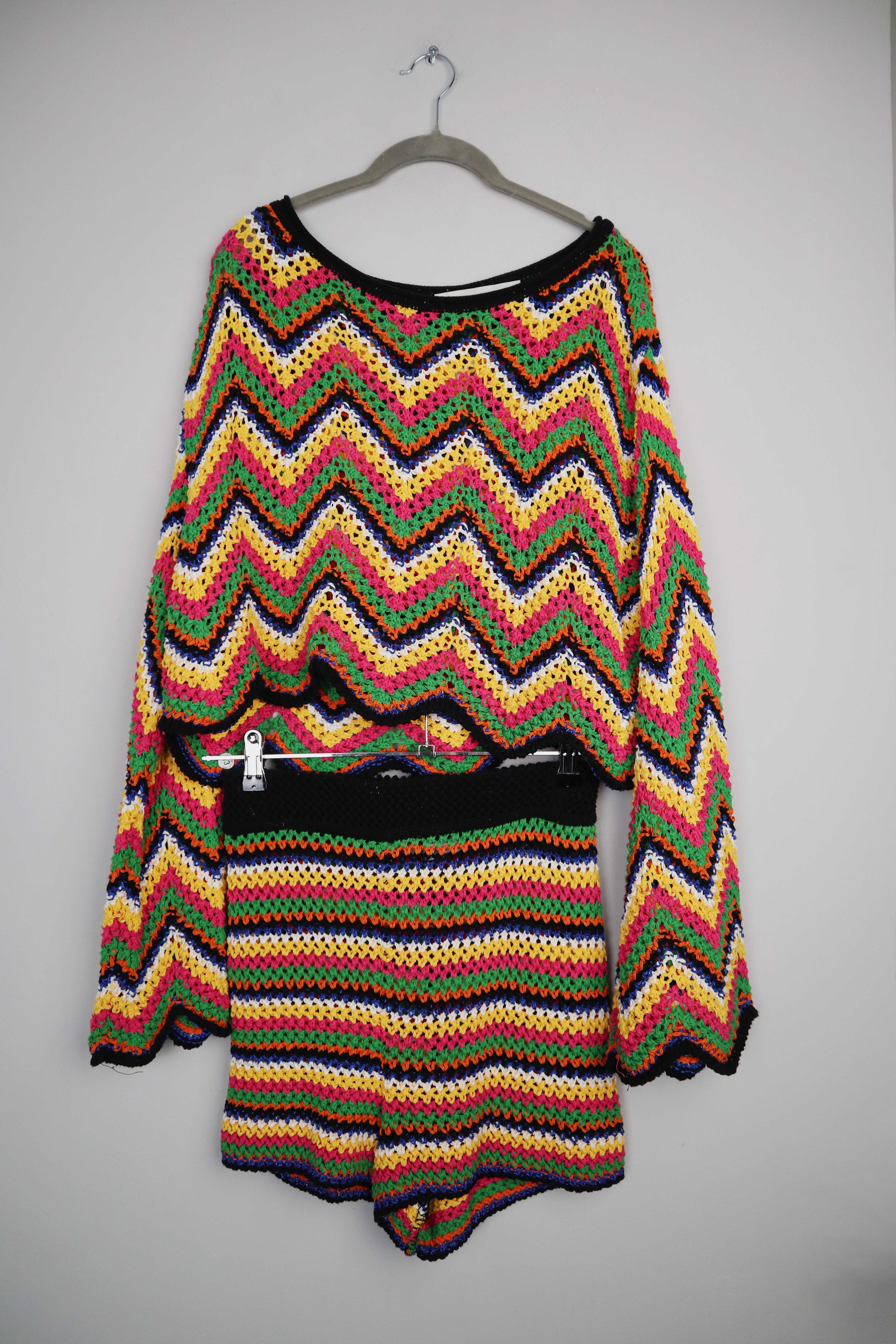 Zara Knit Wear Set Shorts gehäkelt Häkelset 36 S bunt kariert