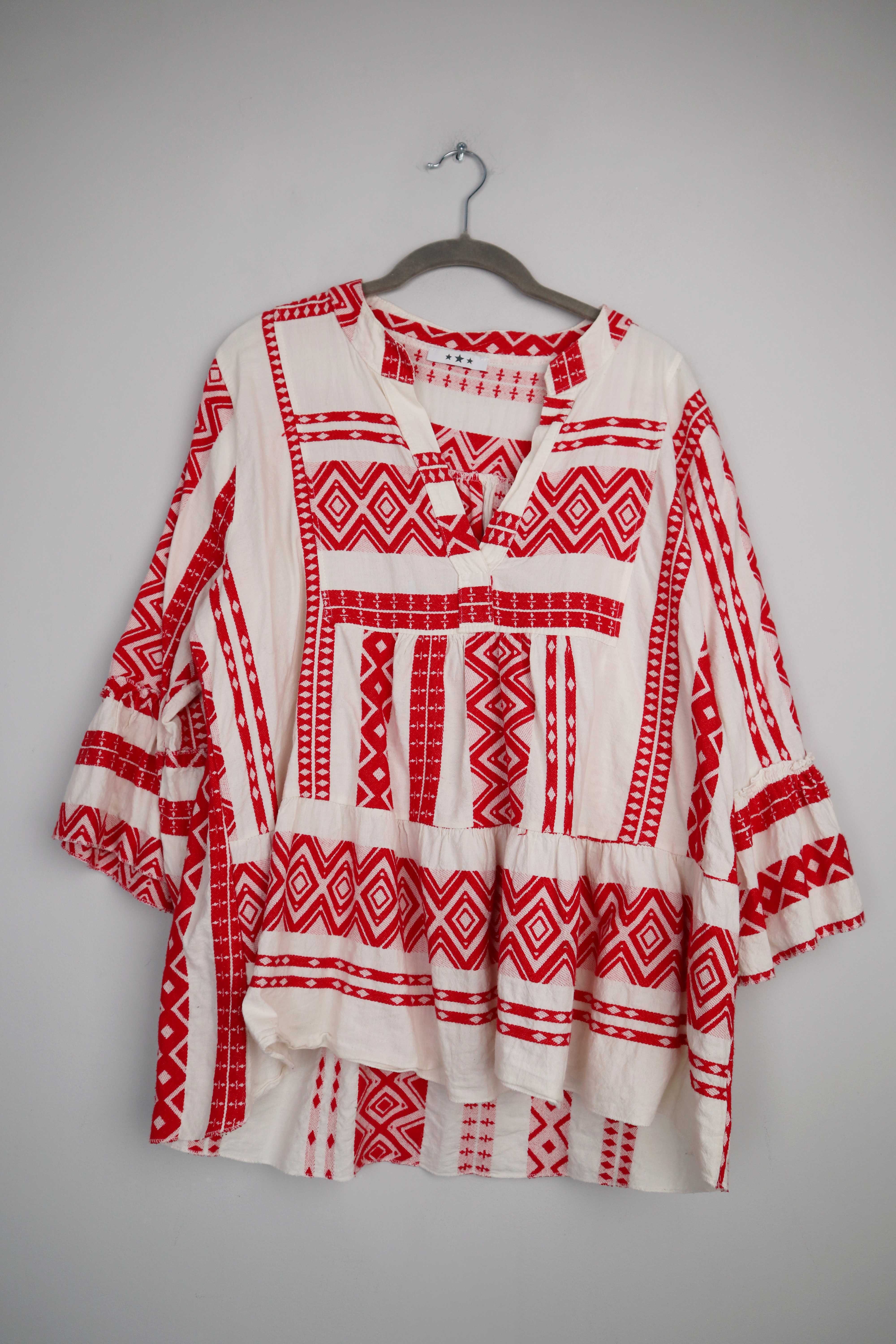 Bluse Shirt Hemdshirt rot weiß 38 M 40 L Hippie Bohemian Ibiza