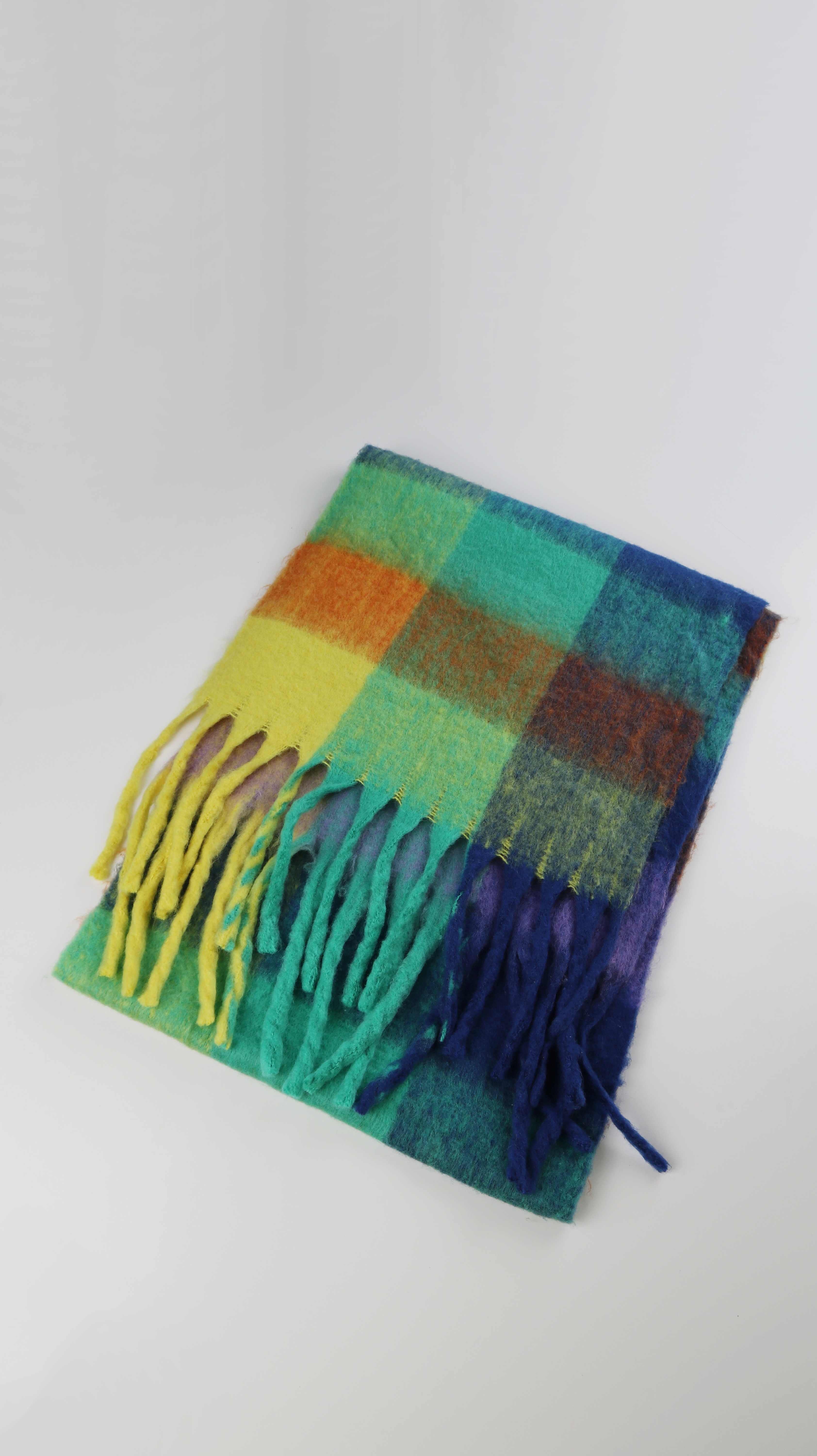 Schal Tuch Strickschal oversized gelb blau Fransenschal Winterschal