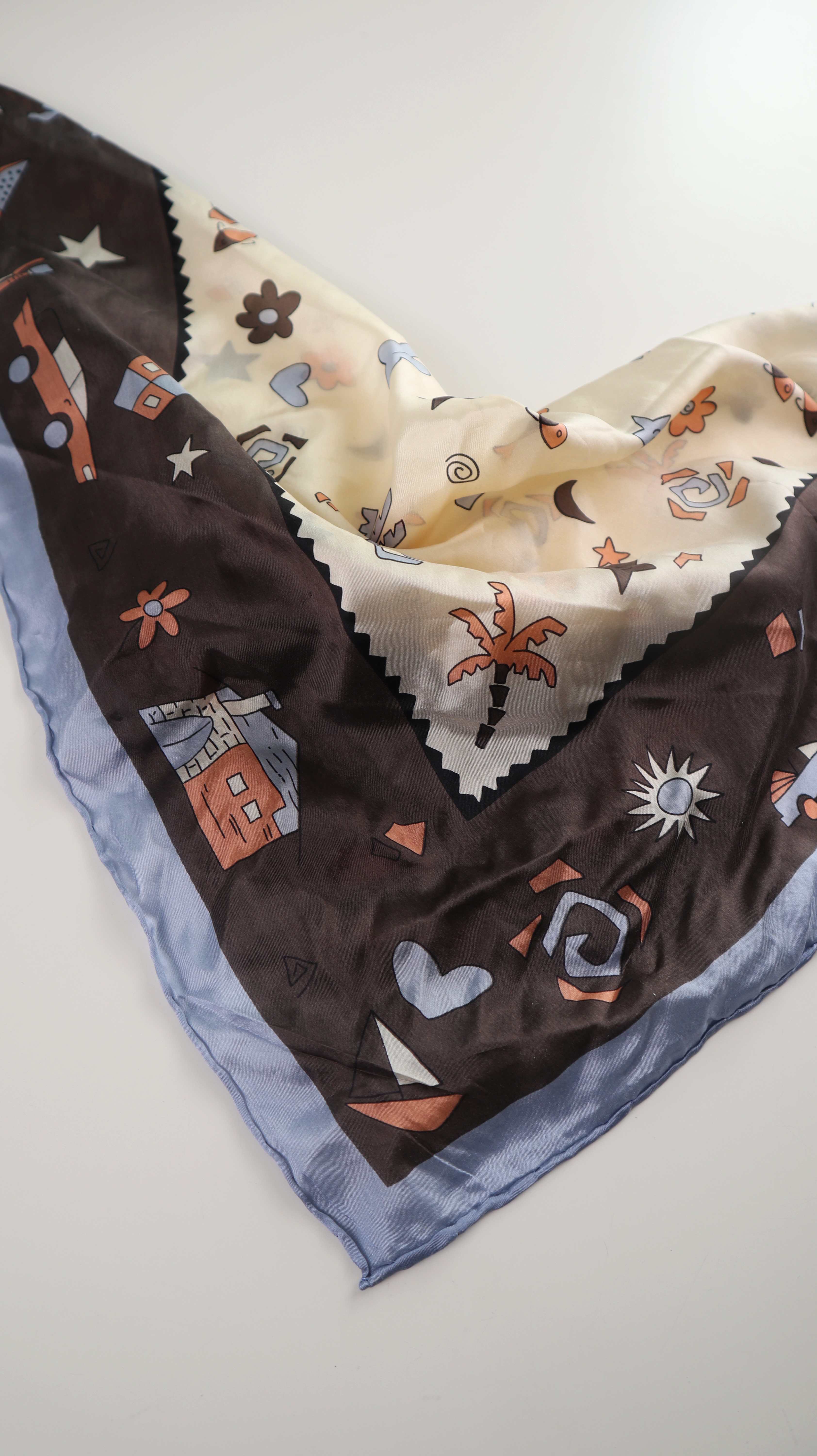 Tuch Seidentuch Silke Blau braun Halstuch Kopftuch Vintage