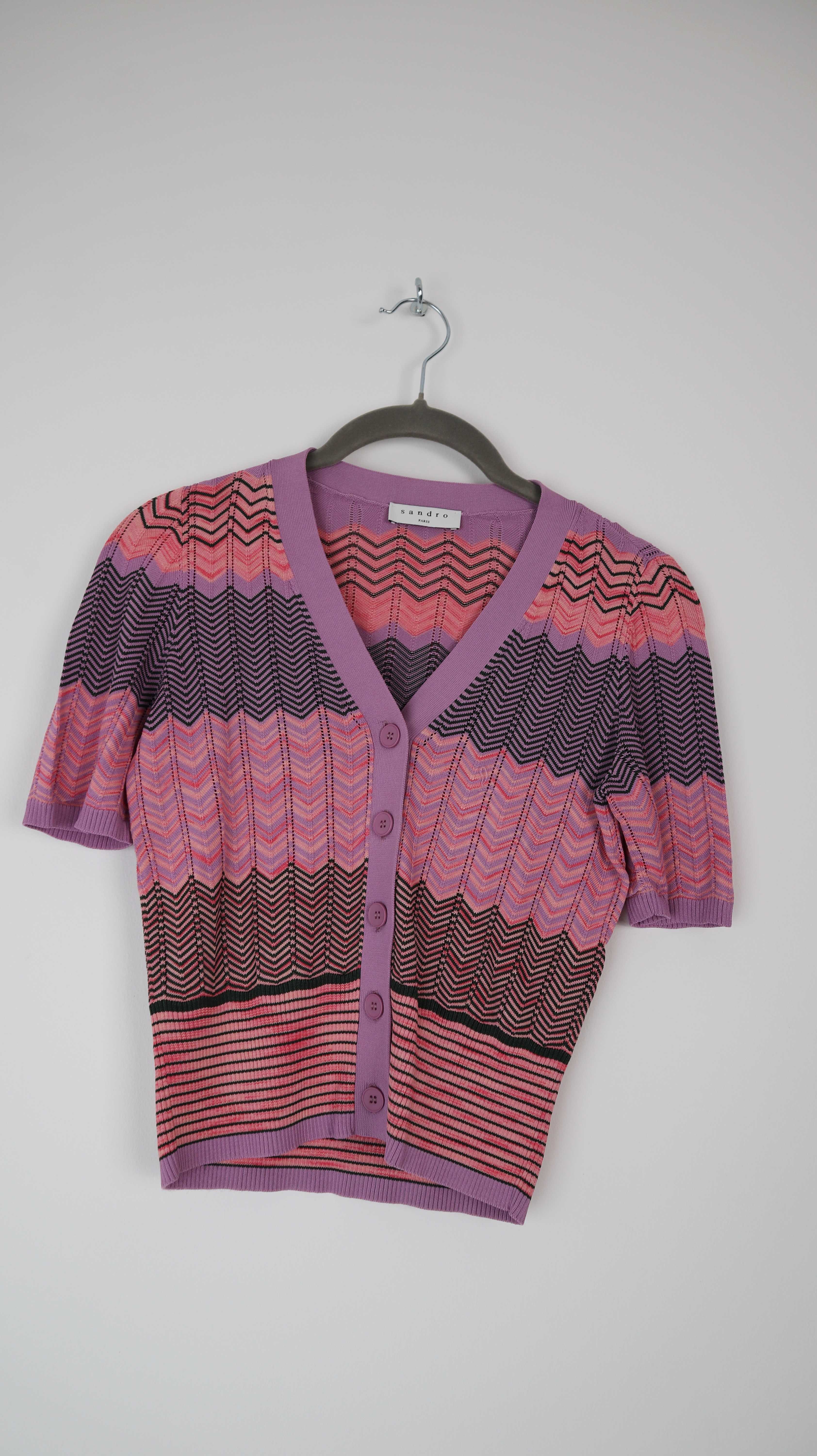 Sandro Top Lila Pink Strickjacke 36 S Zickzack Pastell geometrisch Bluse