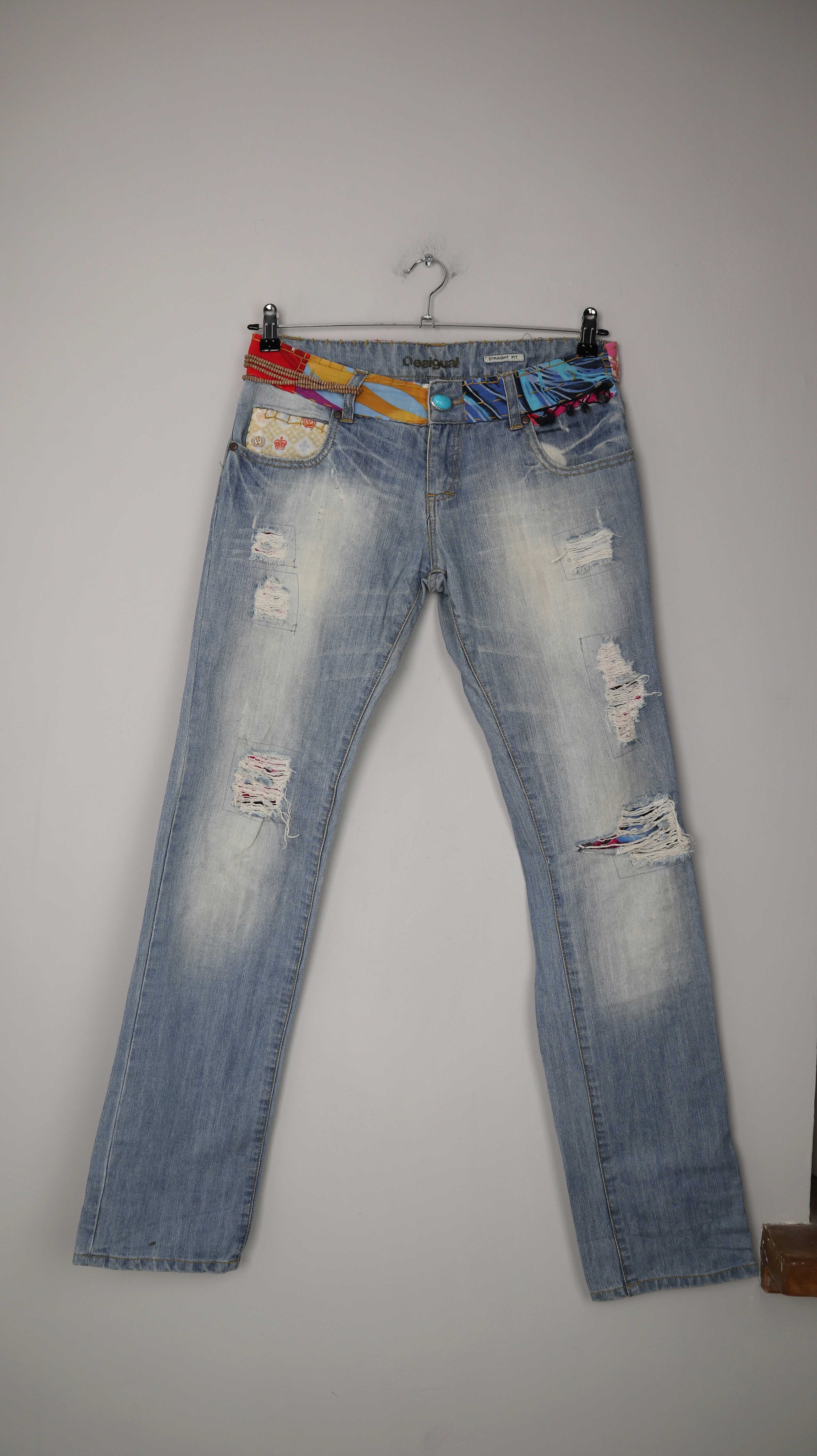 Desigual Jeans Hose straight fit blau washed Hippie bestickt 40 L