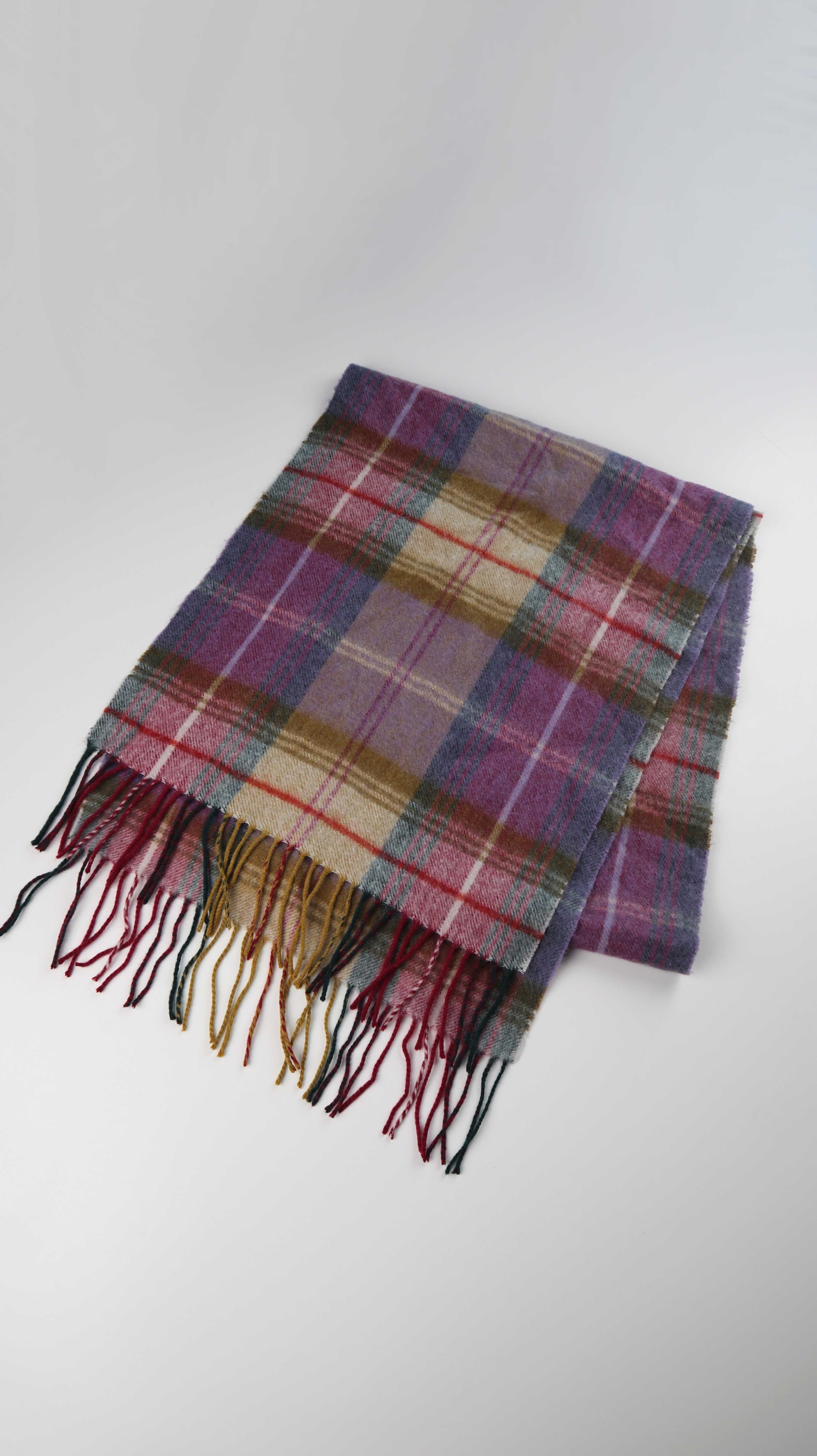 Schal Wolleschal kariert Flieder gelb Fransen