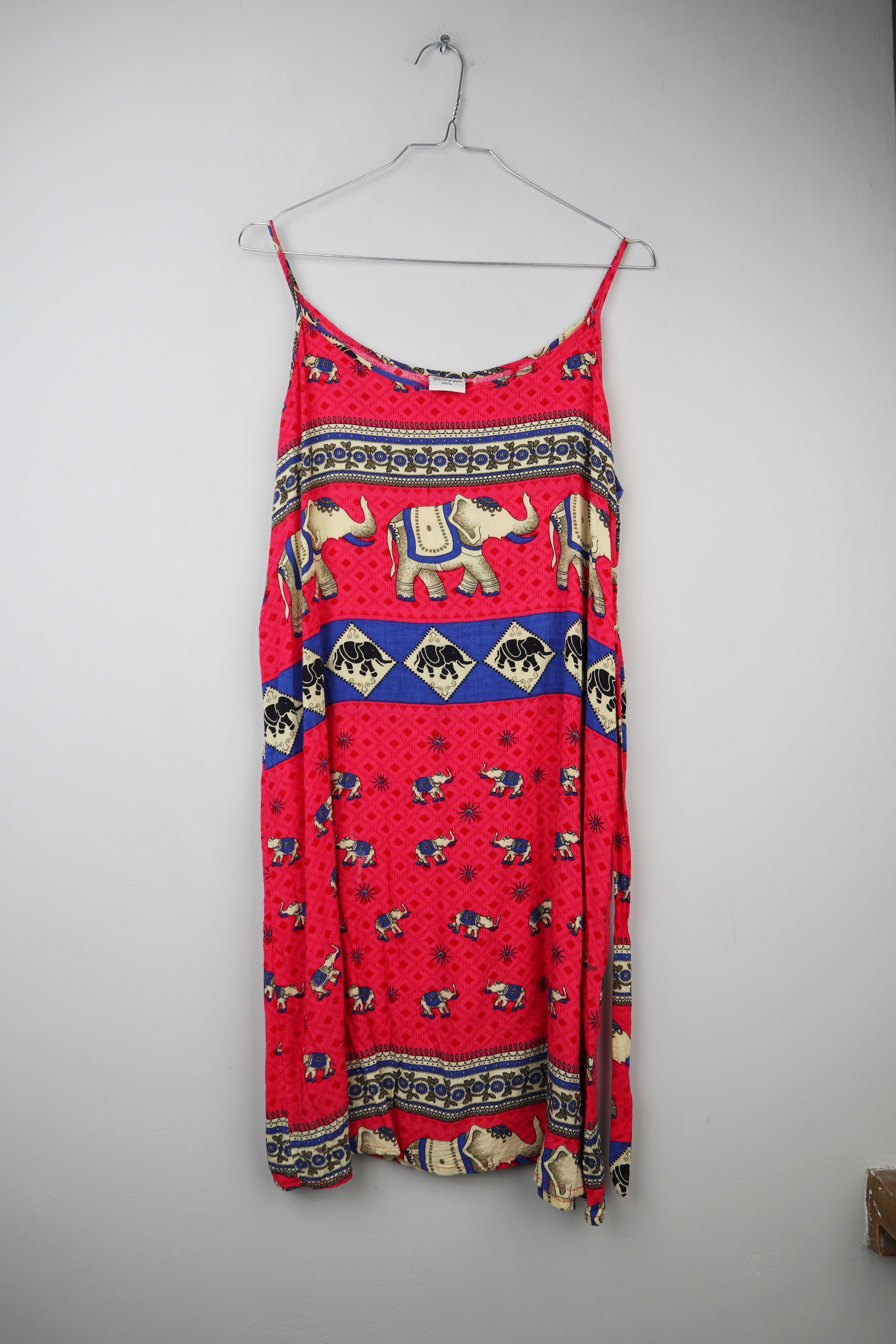 True Vintage Kleid 38 M L Elefanten Midi Midikleid Blau rot Strandkleid