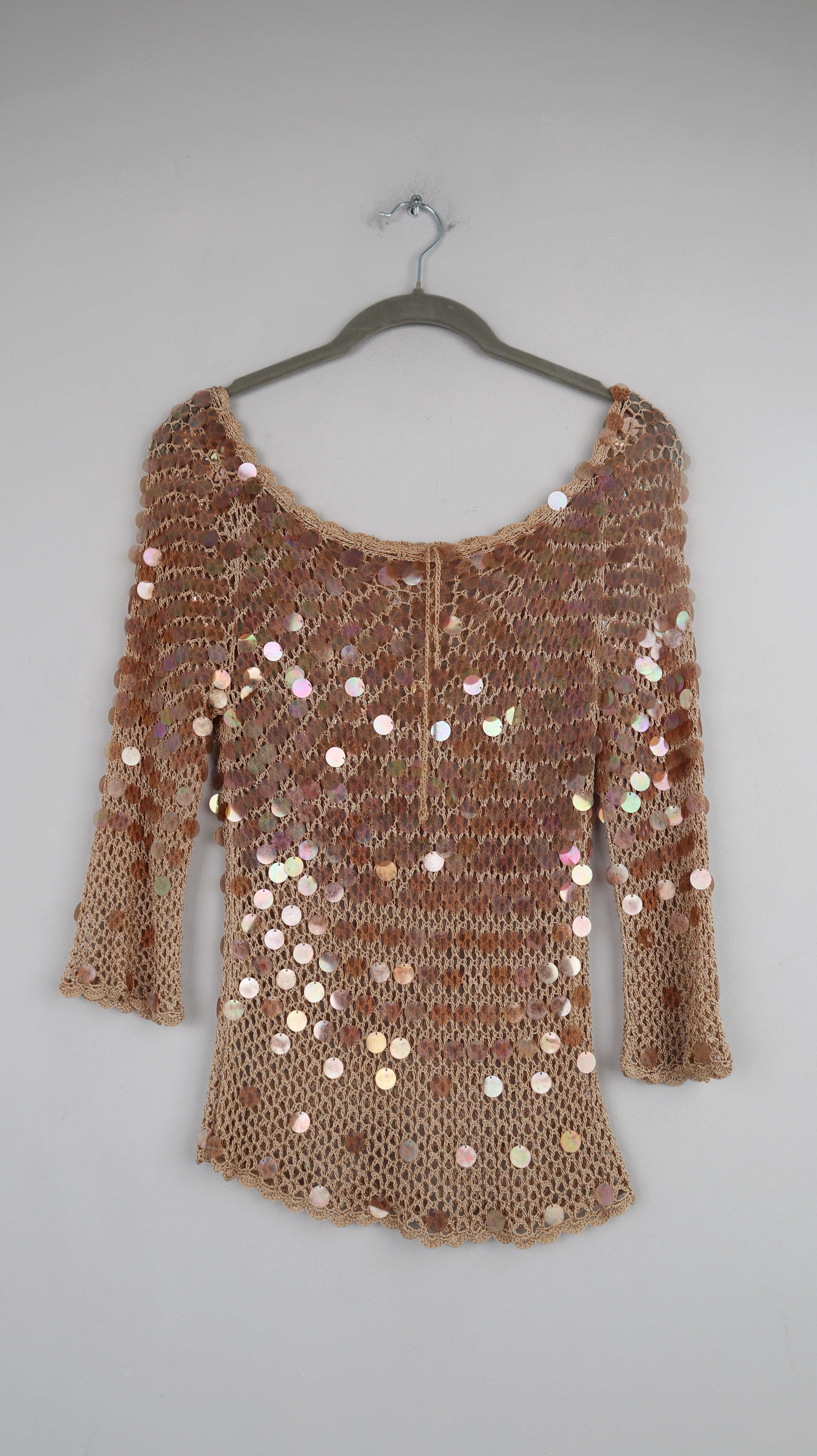 Shirt true Vintage Beige braun Pailetten Glitzer Top gehäkelt