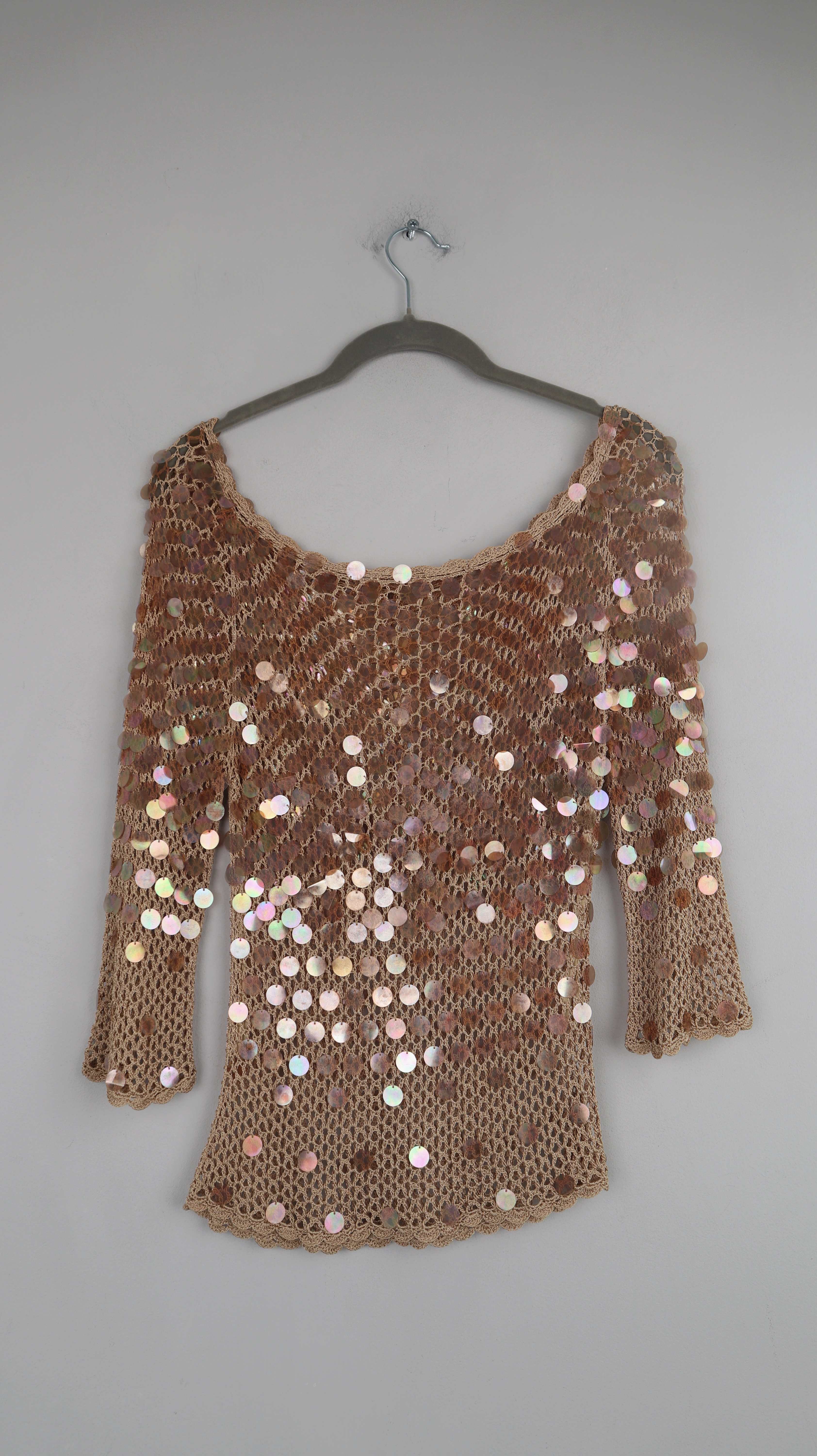 Shirt true Vintage Beige braun Pailetten Glitzer Top gehäkelt