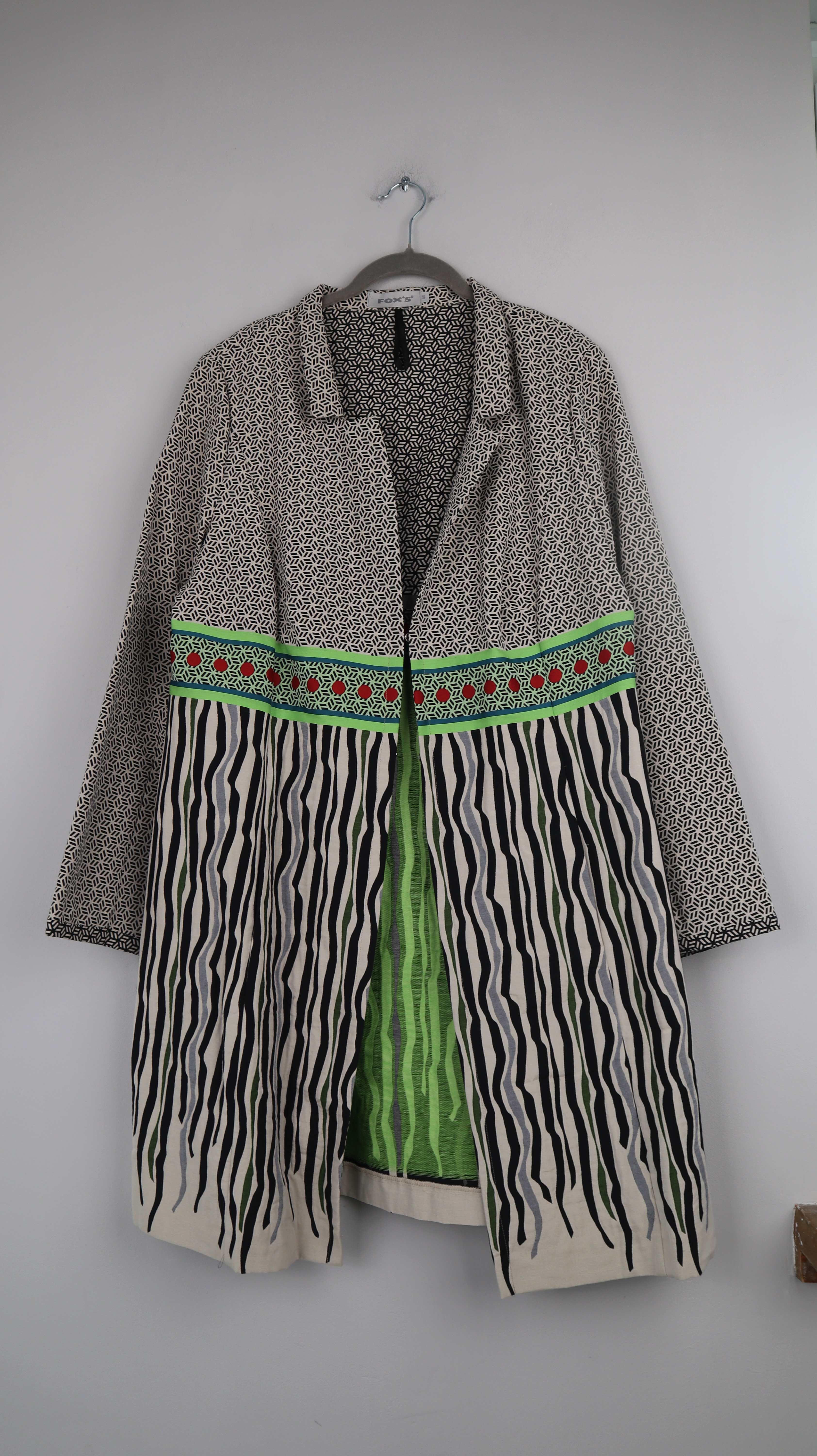 FOX'S Mantel Grau Grün 44 XXL geometrisch Muster Staubmantel