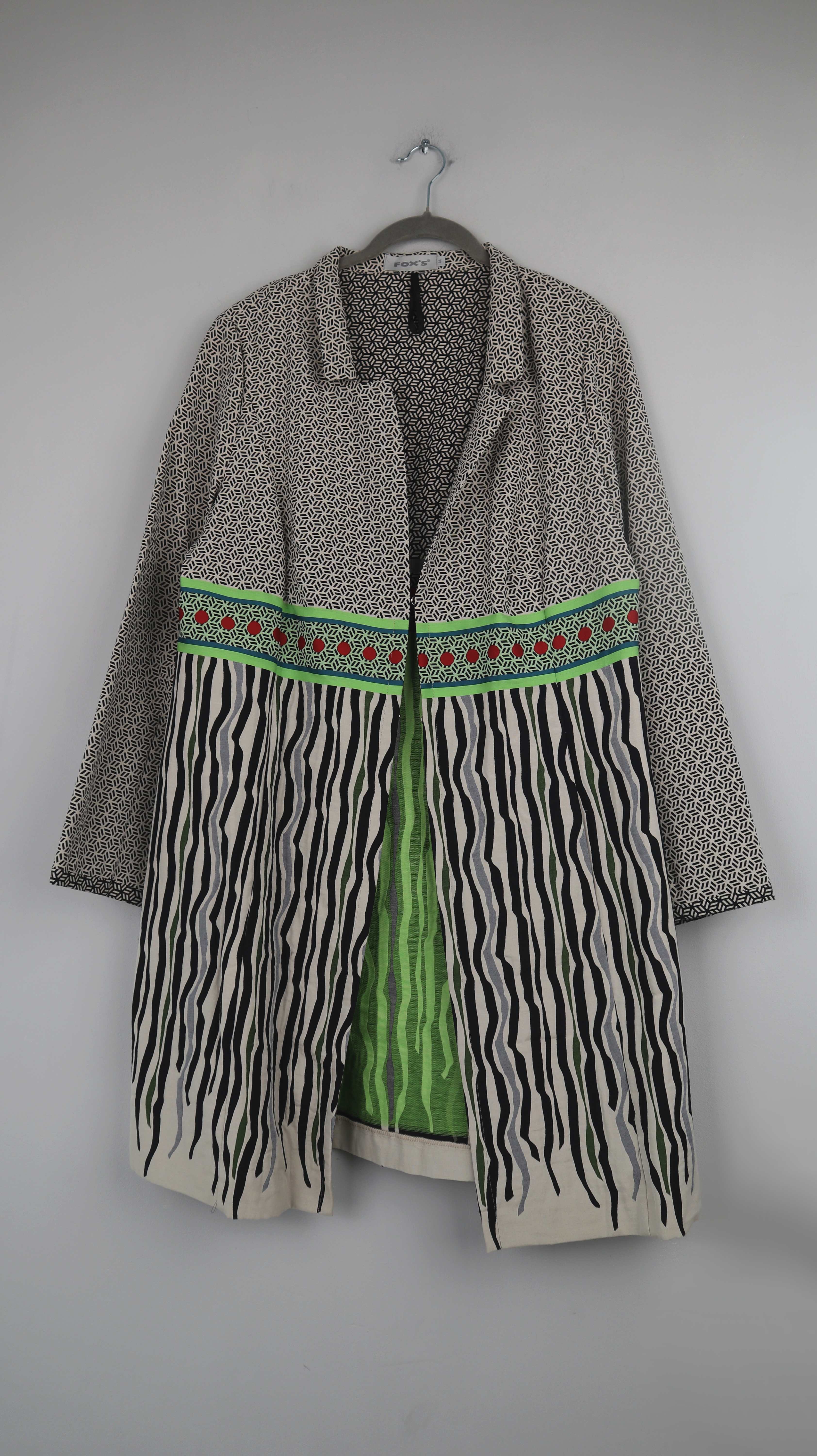 FOX'S Mantel Grau Grün 44 XXL geometrisch Muster Staubmantel
