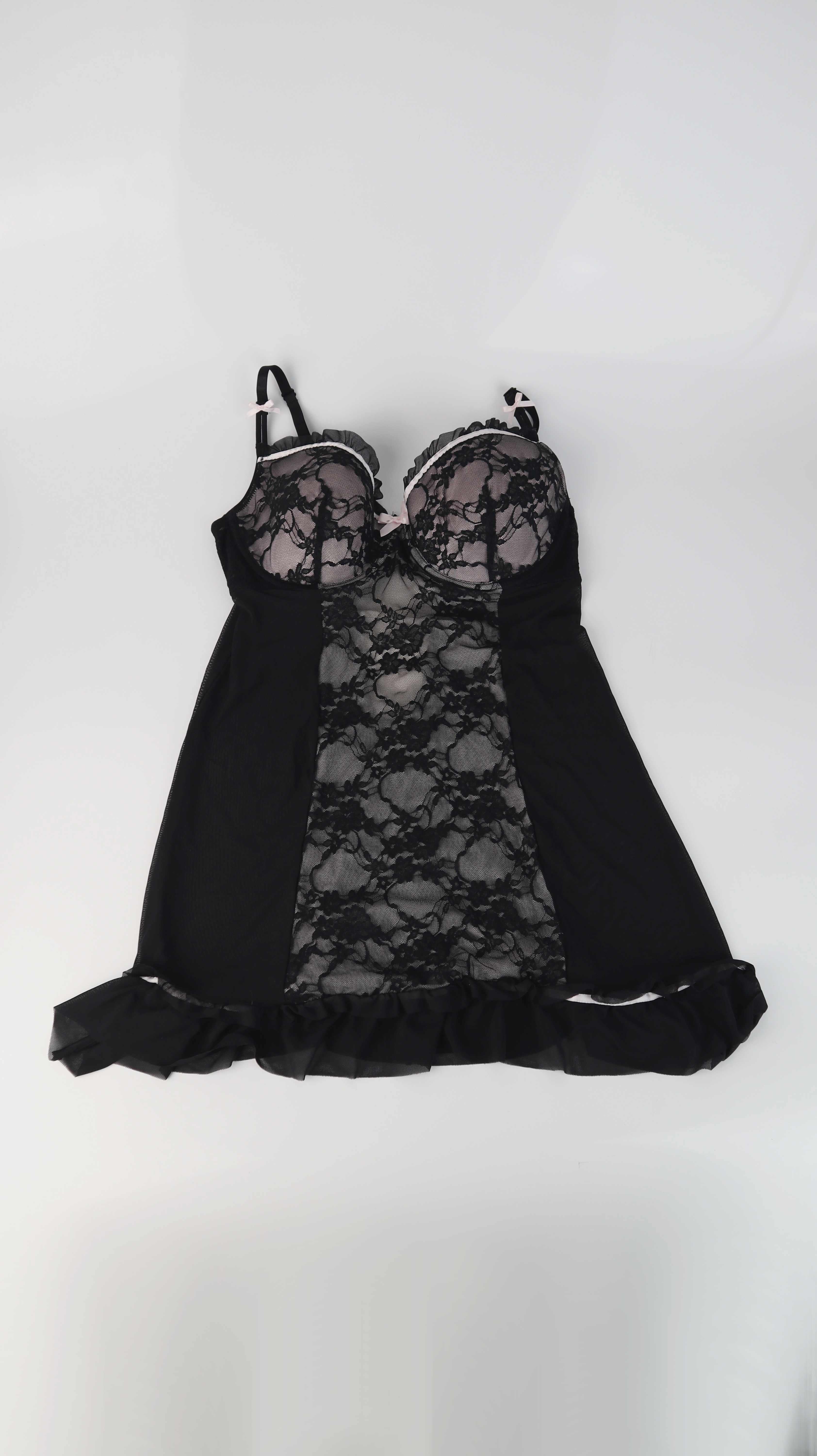 Hunkemöller Negligee schwarz rosa 80 D Nachthemd 38 M