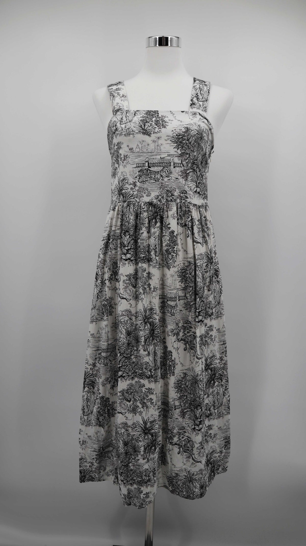 H&M Edition kleid Sommerkleud 34 XS Midi Midikleid braun weiß Toile-de-Jouy-Grafikprint