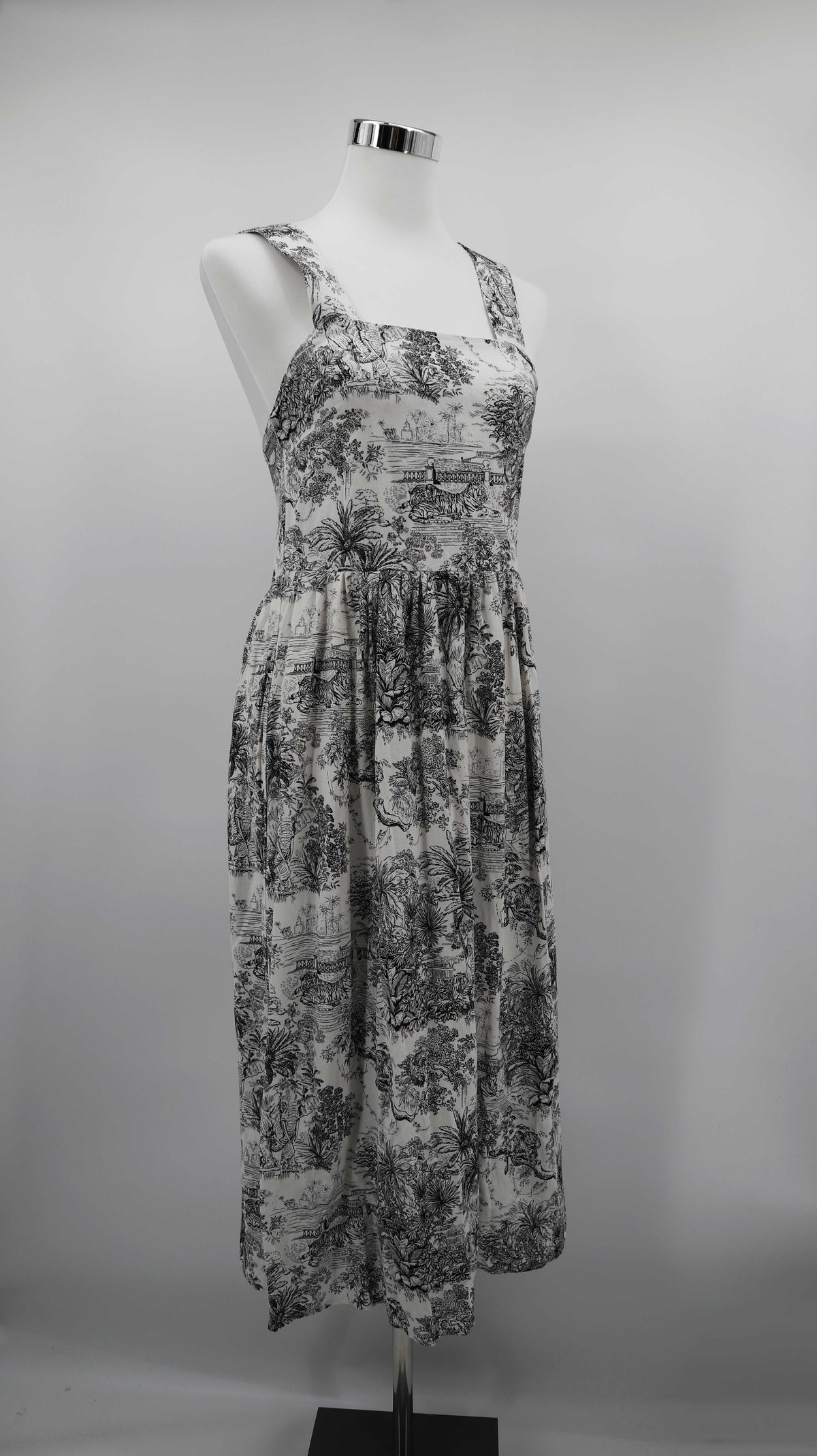 H&M Edition kleid Sommerkleud 34 XS Midi Midikleid braun weiß Toile-de-Jouy-Grafikprint