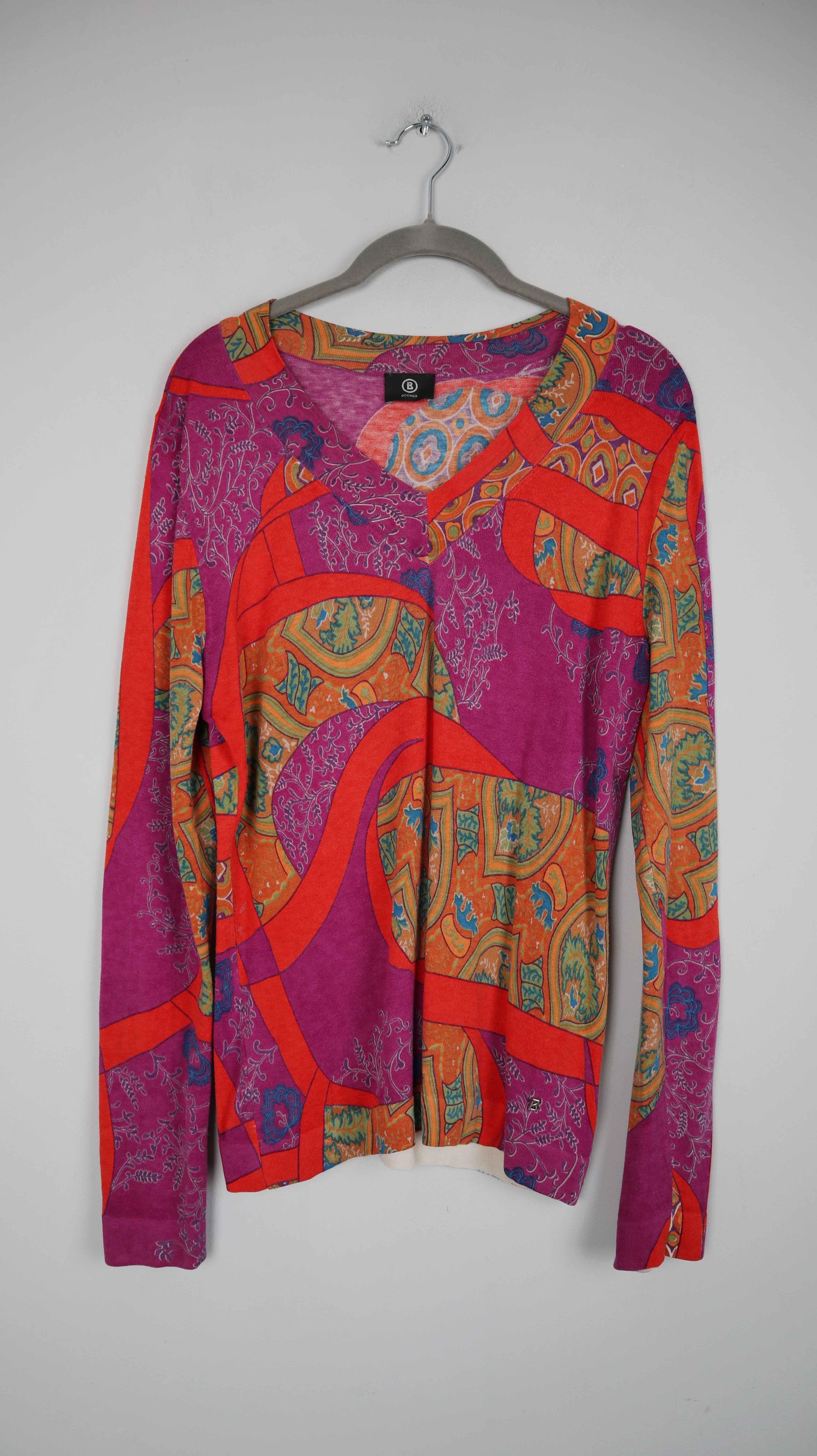 Bogner Pullover rot Paisley 40 L Seide Wolle Kaschmir V-Ausschnitt