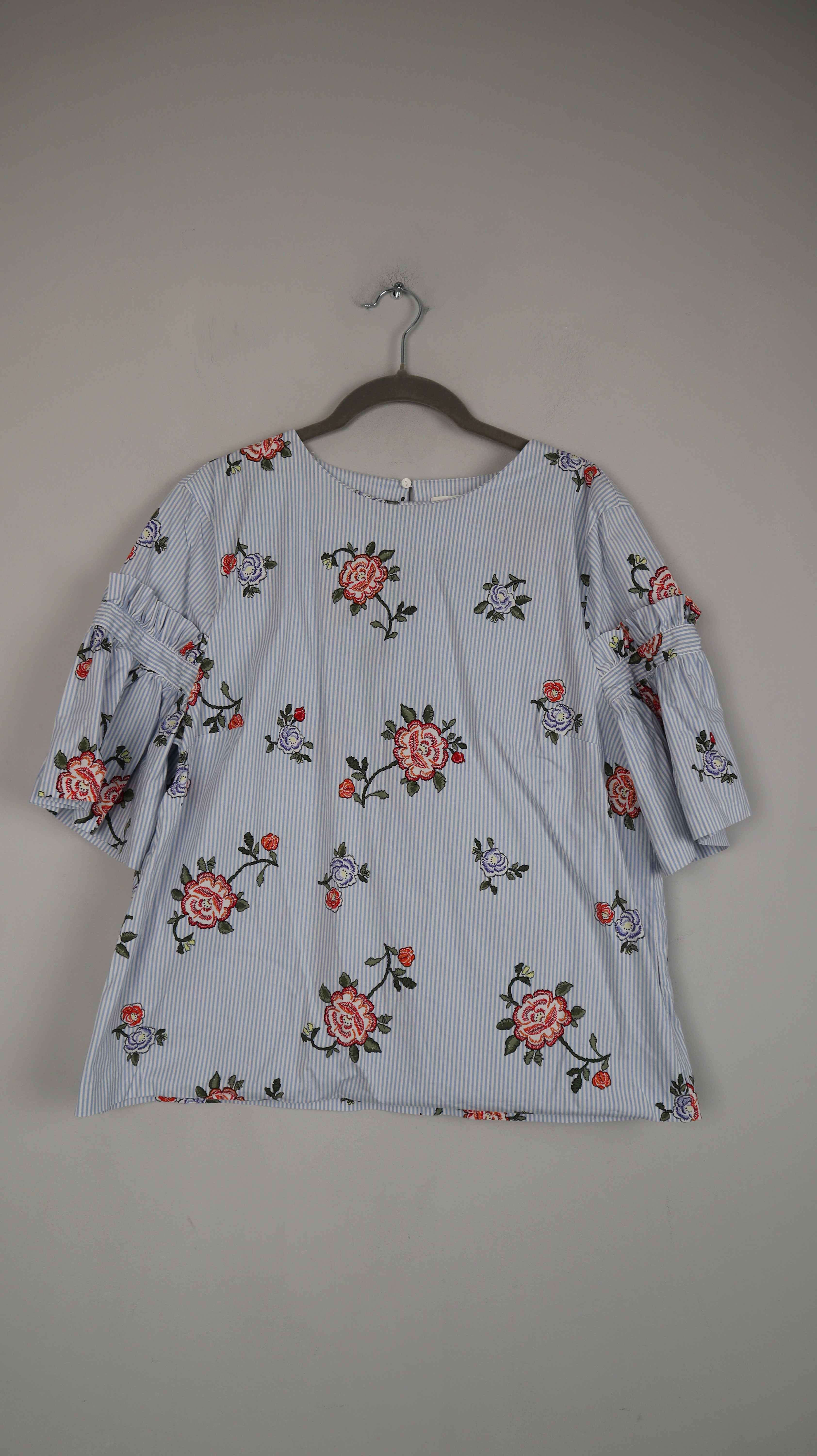 H&M Bluse blau 44 XL gestreift Blumen Hemd Streifenshirt Oberteil