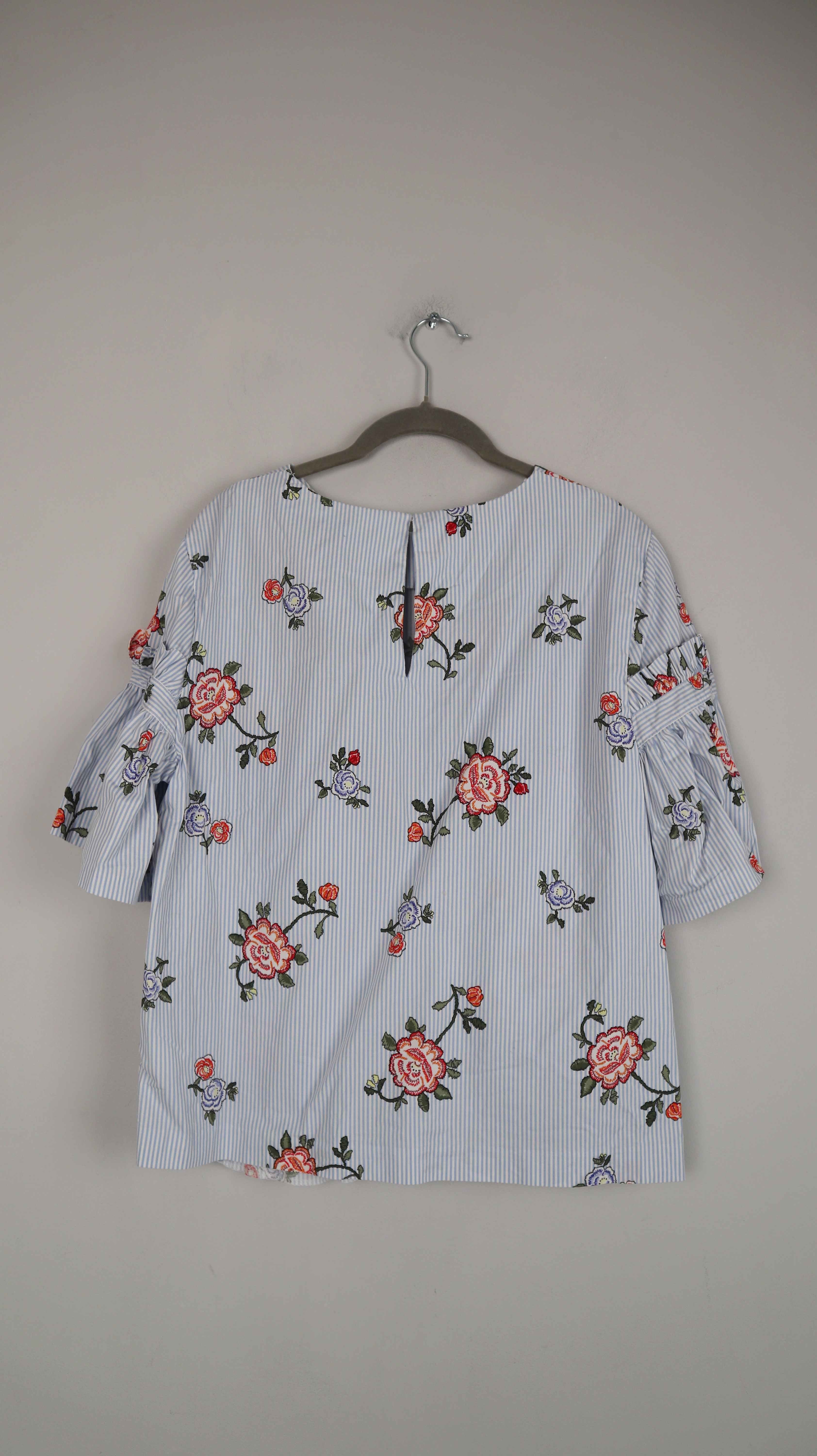 H&M Bluse blau 44 XL gestreift Blumen Hemd Streifenshirt Oberteil
