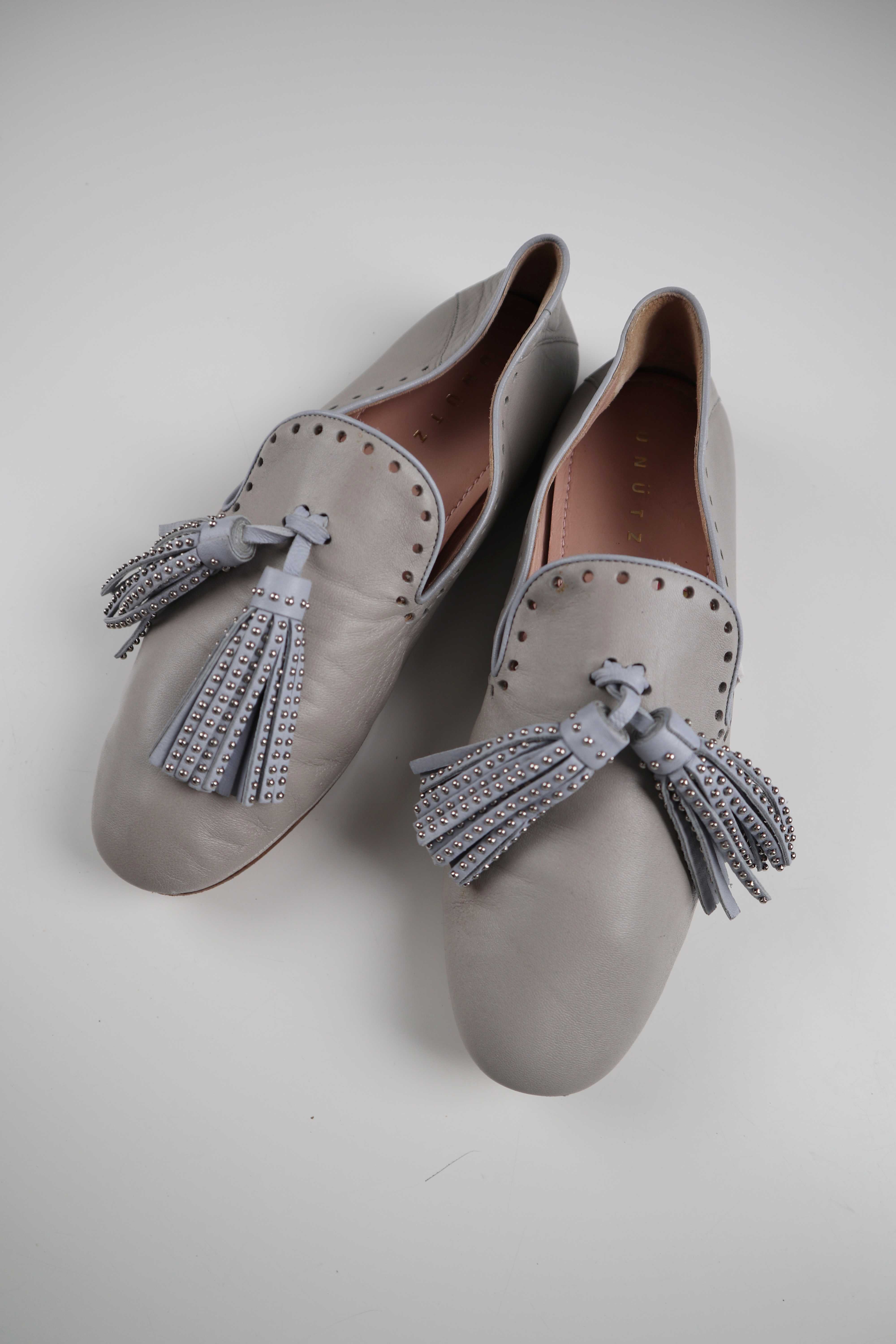 Unützer Ballerinas Slipper Loafer grau Lederballerinas 37.5 38 Fransen