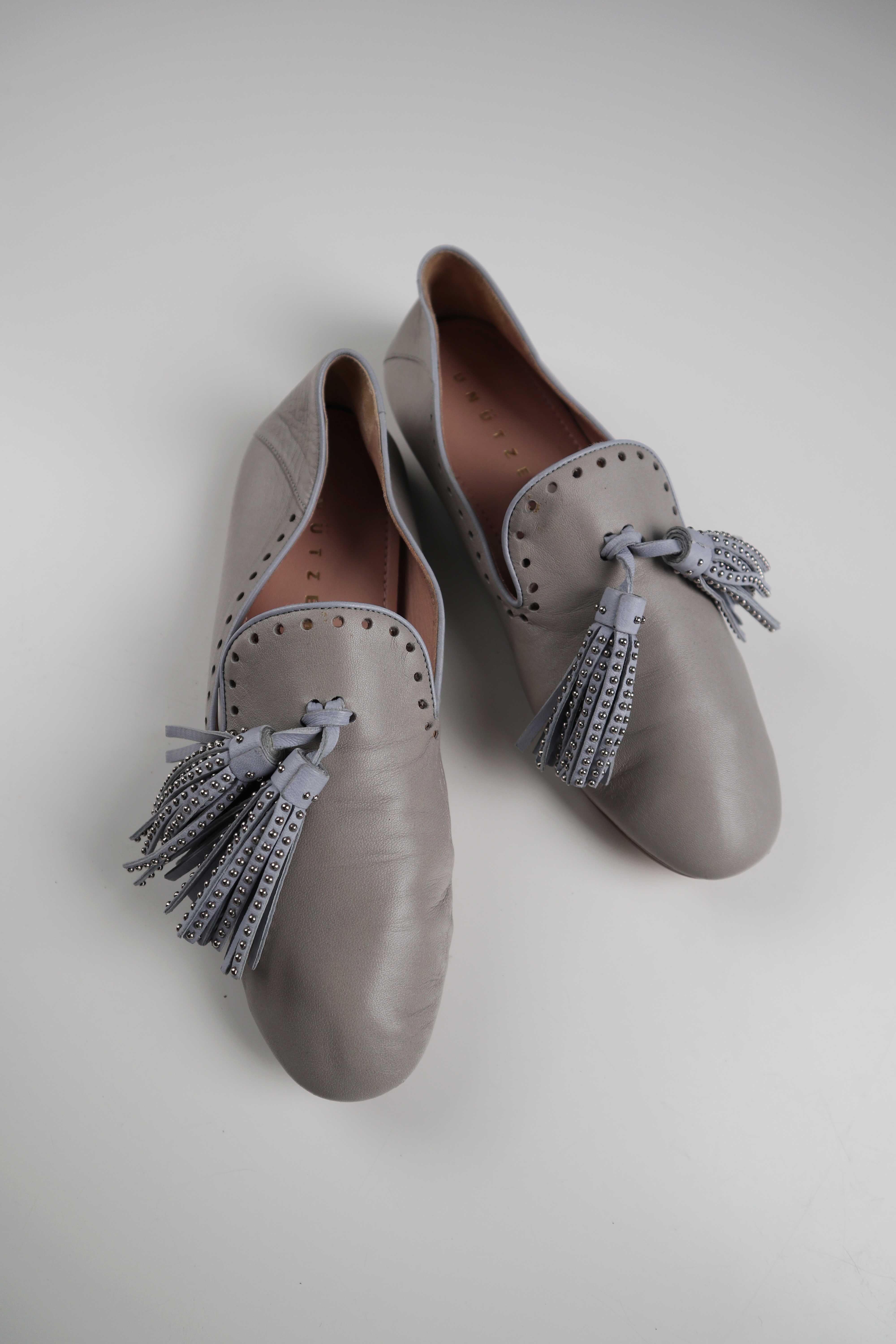 Unützer Ballerinas Slipper Loafer grau Lederballerinas 37.5 38 Fransen