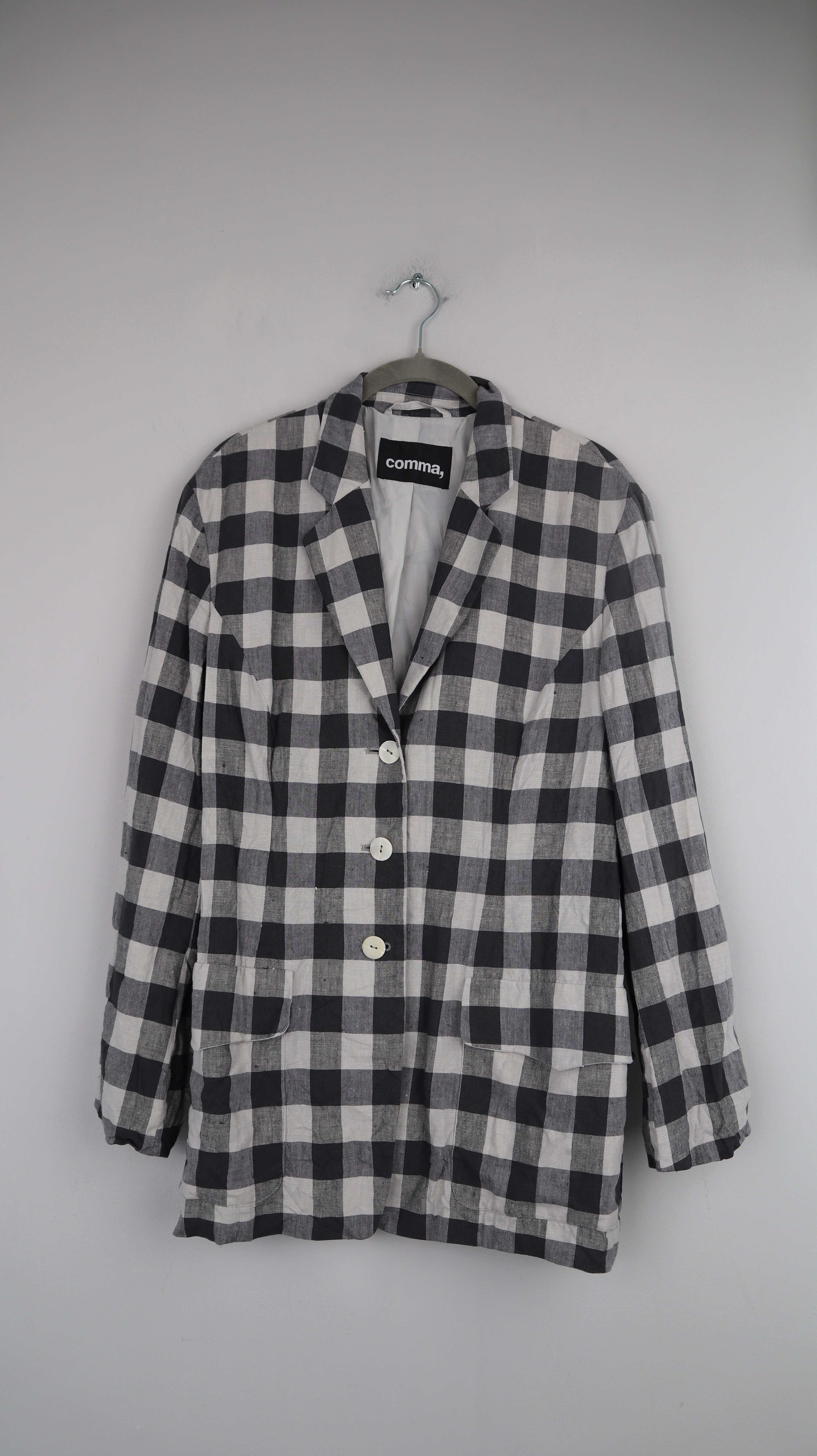 Comma Blazer Leinenblazer blau weiß kariert Leinen lang oversized