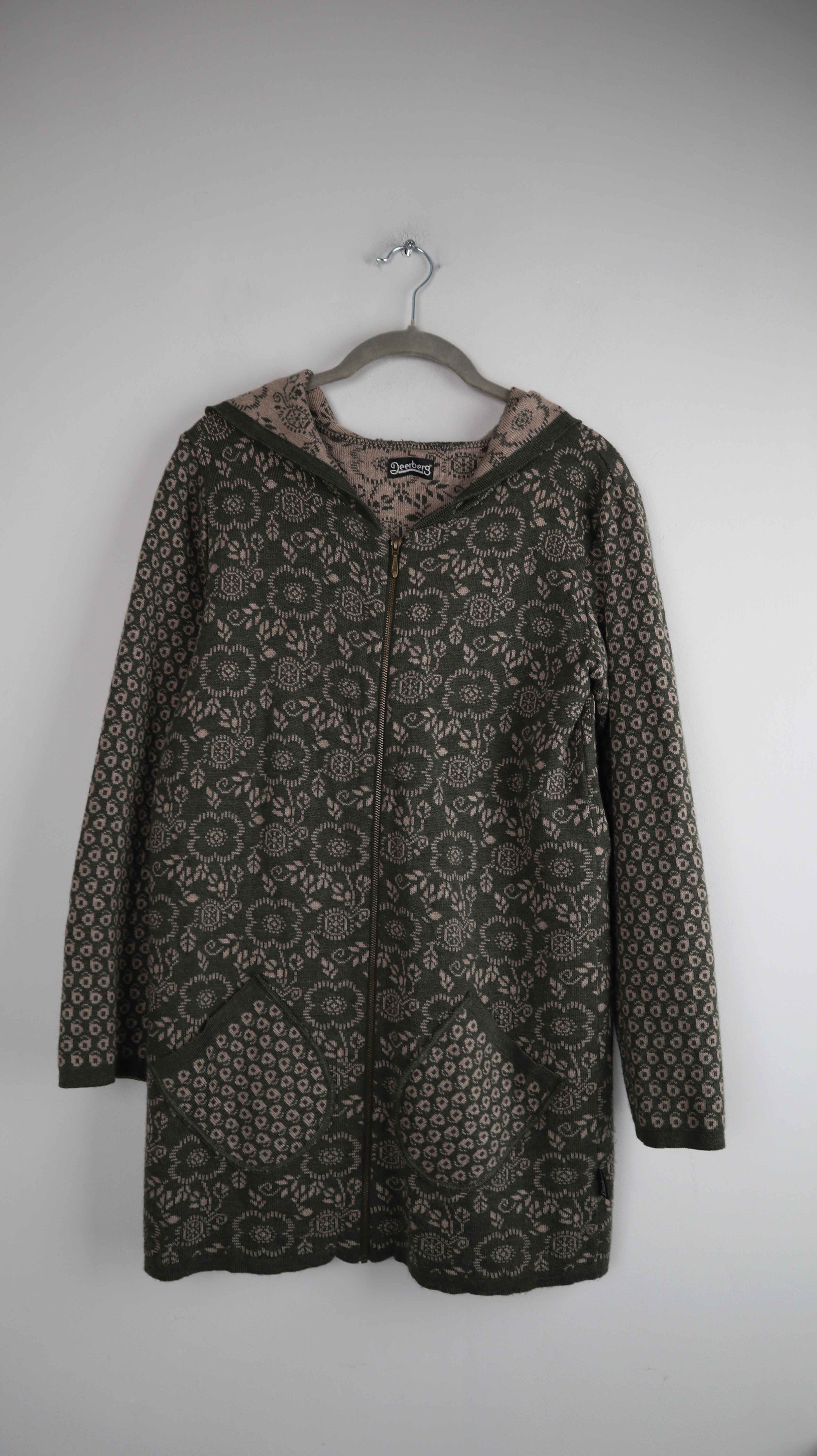 Deerberg Strickjacke Grün 36 S Merinowolle Zipperjacke Beige