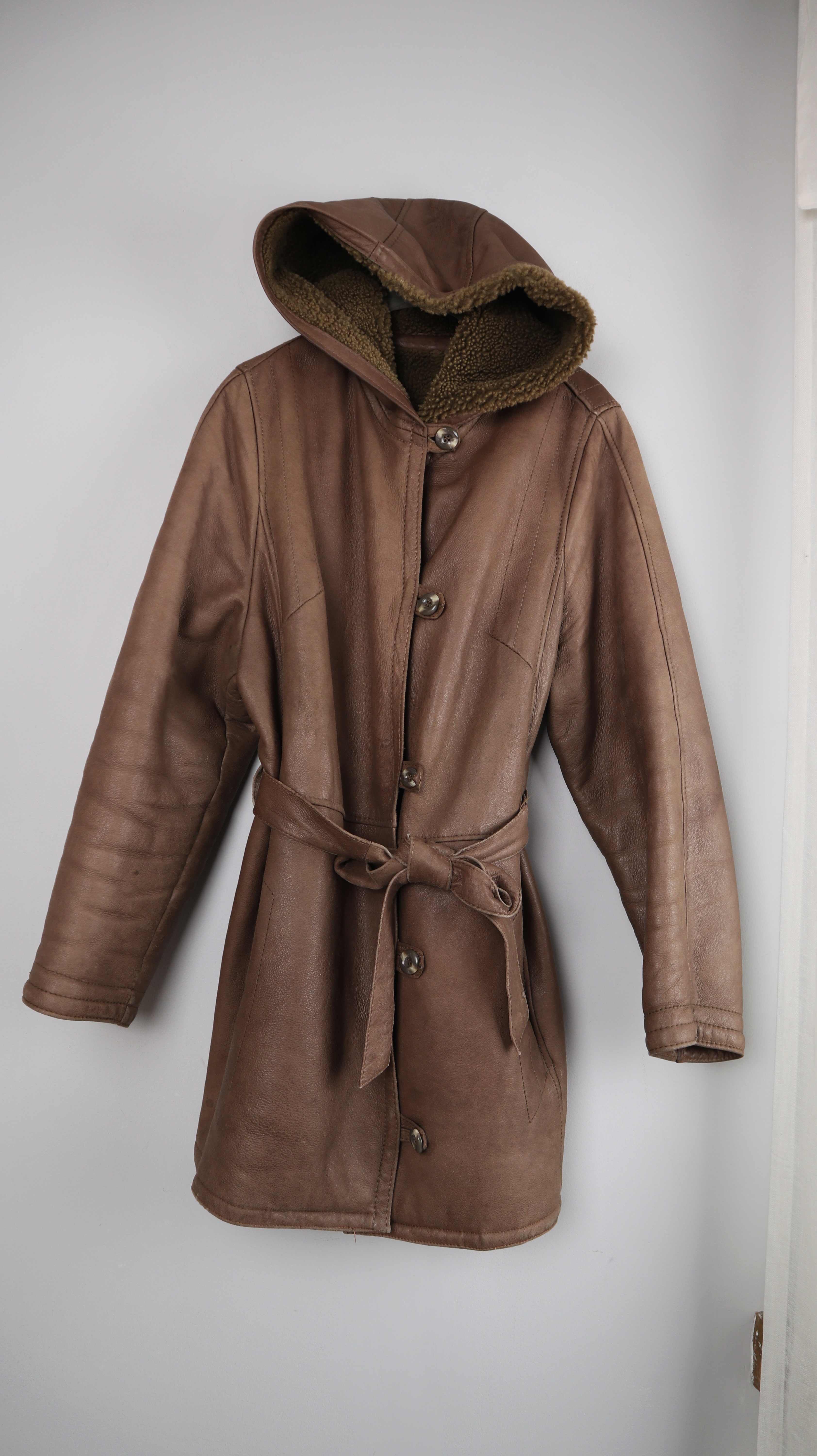 True Vintage Lammfelljacke 38 M Mantel Braun Grün gefüttert Kapuze Trenchcoat