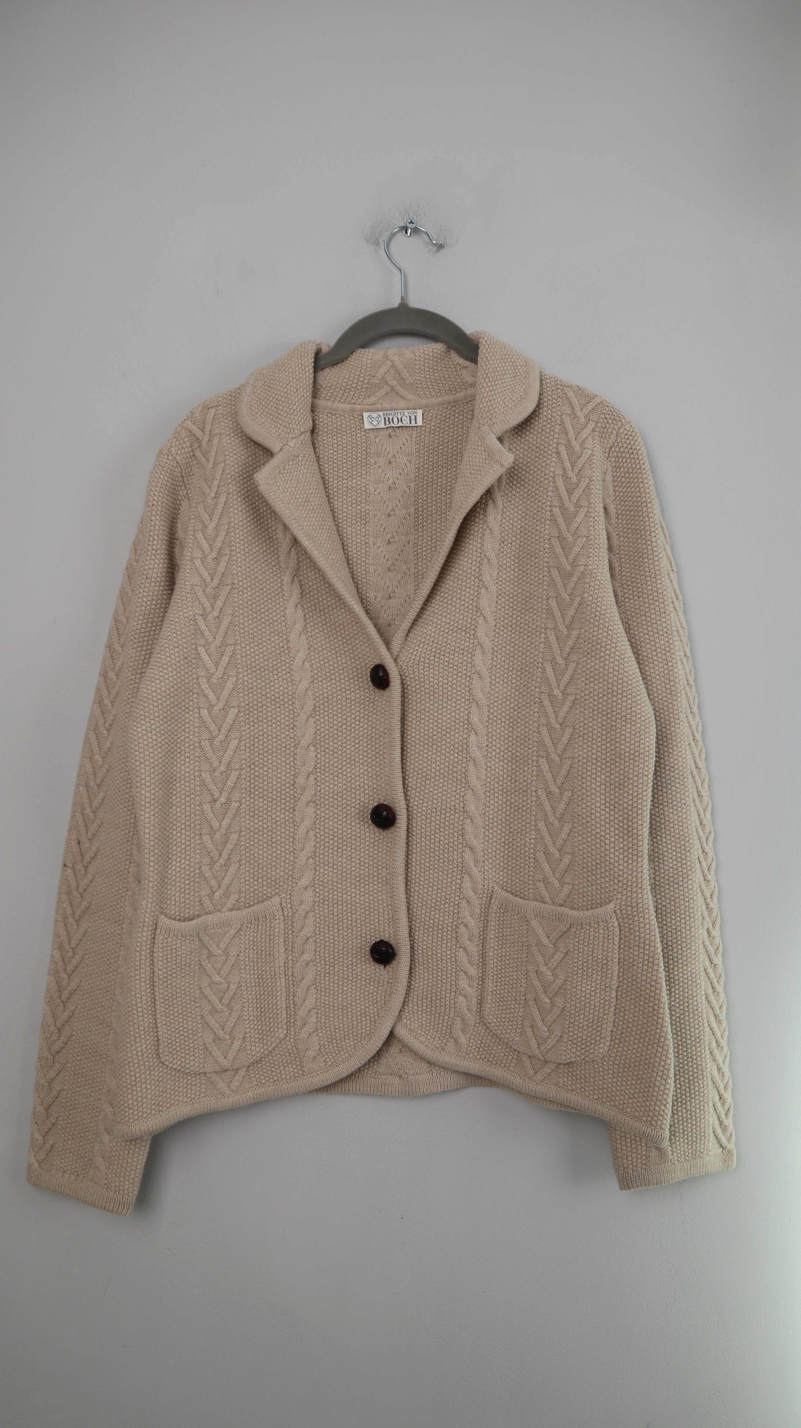 Brigitte von Boch Strickjacke Creme Beige Zopfmuster 40 L Wolle Wollstrickjacke