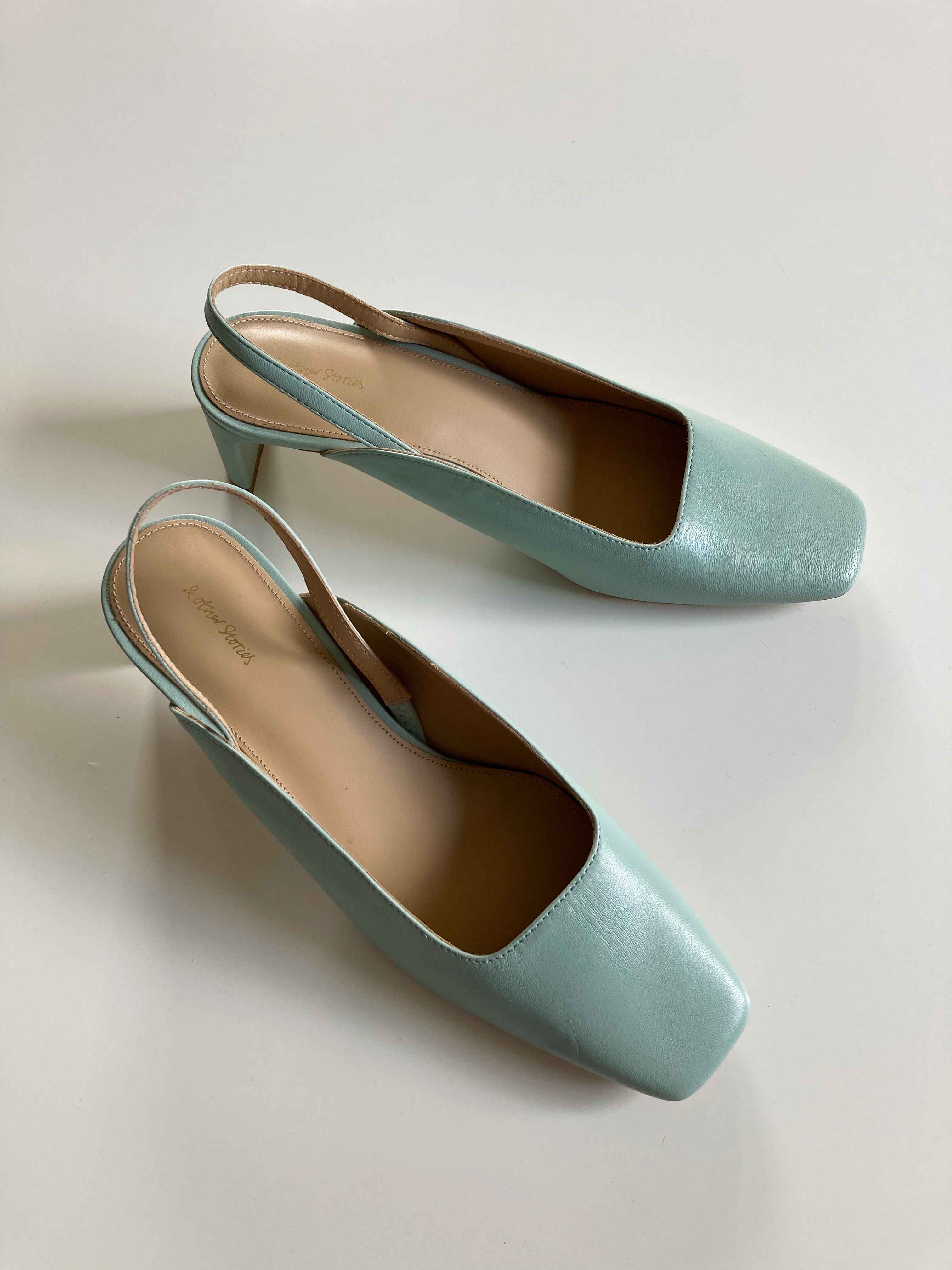 &other stories Slipper Kitten Heels Türkis Mint neu 38 Pumps Absatzschuhe eckig