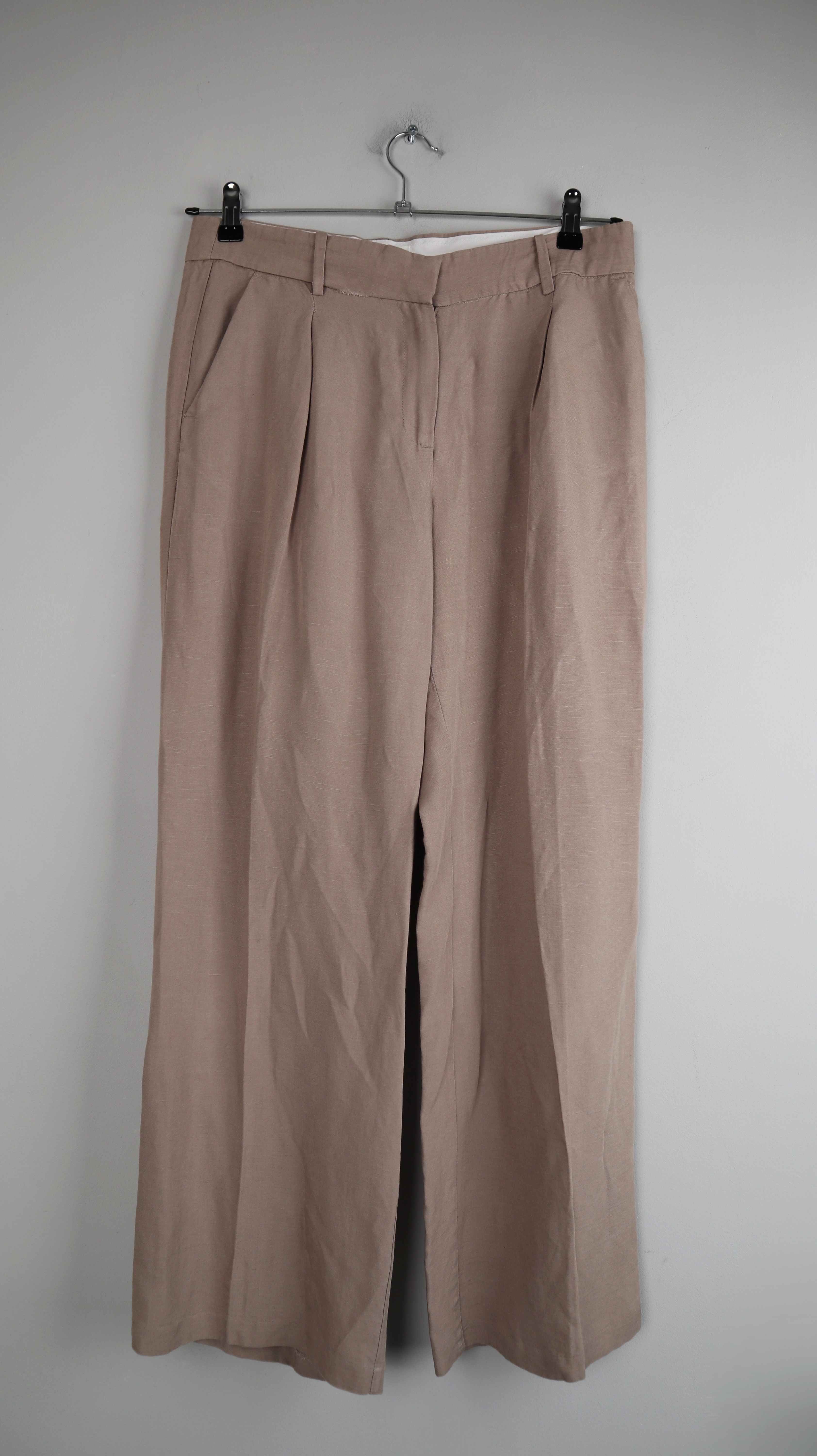 H&M Linen Blend Hose braun 40 L straight fit Leinenhose Beige Stoffhose