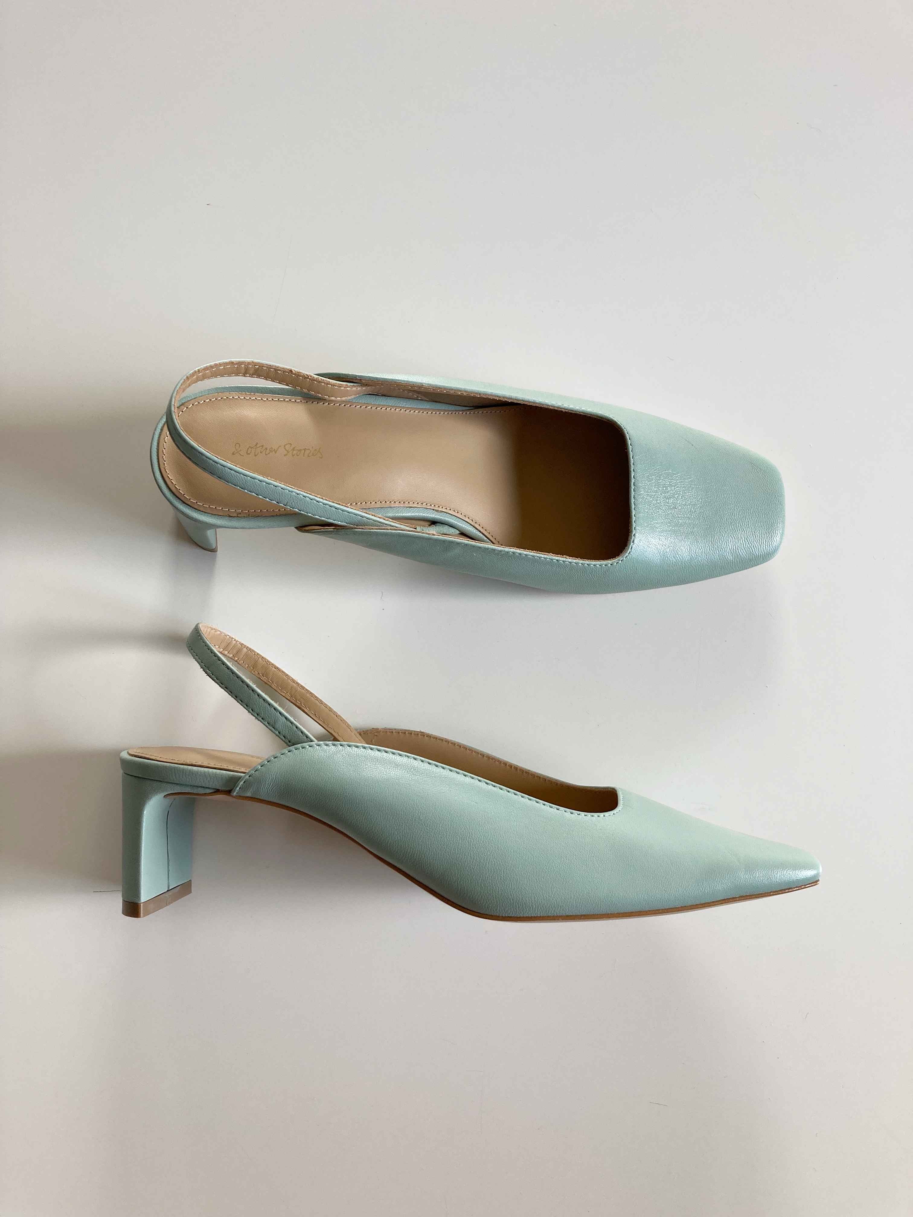 &other stories Slipper Kitten Heels Türkis Mint neu 38 Pumps Absatzschuhe eckig