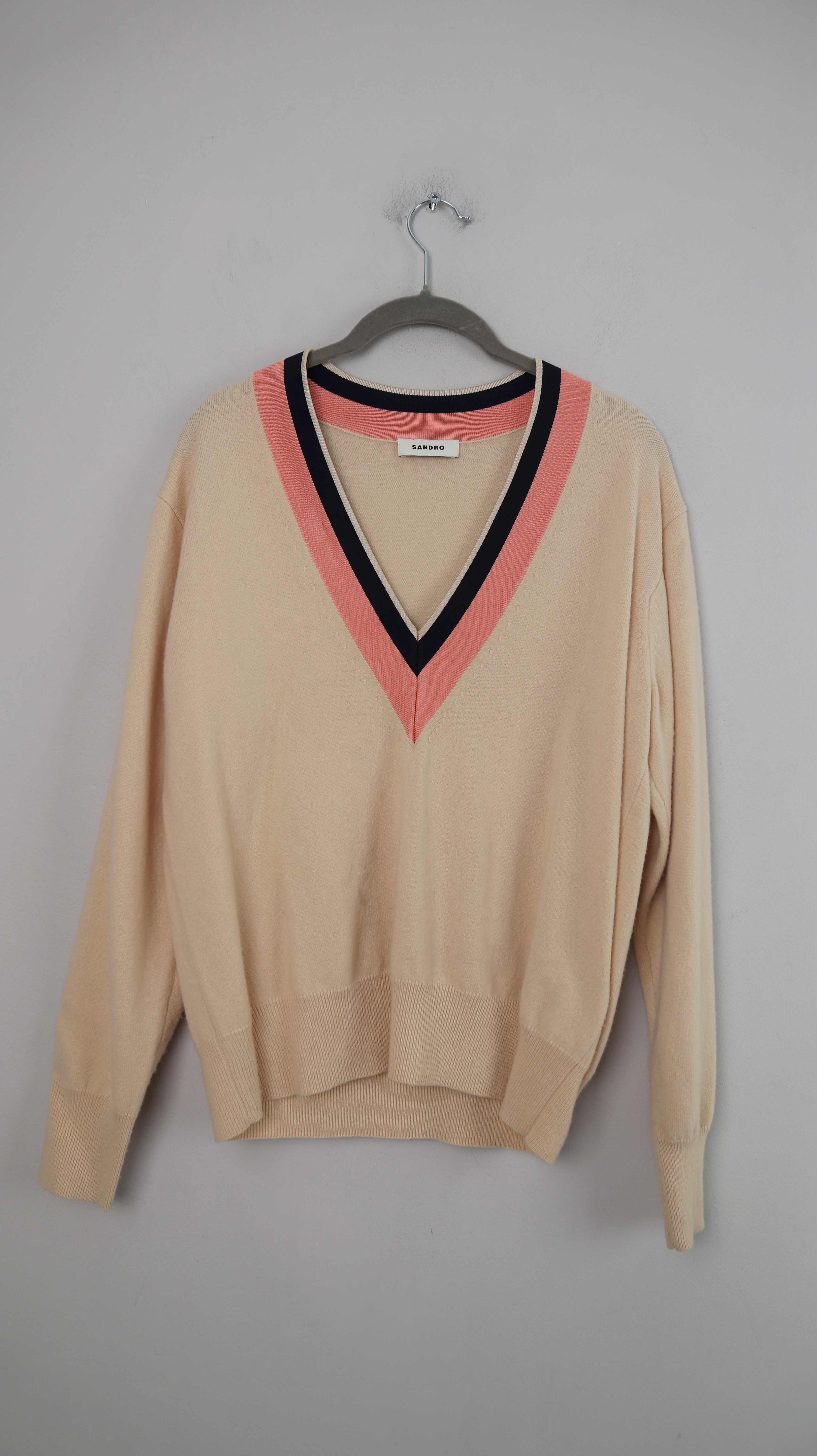 Sandro Pullover Creme Beige Wolle Kaschmir 36 S 38 M BV-Ausschnitt Wollpullover