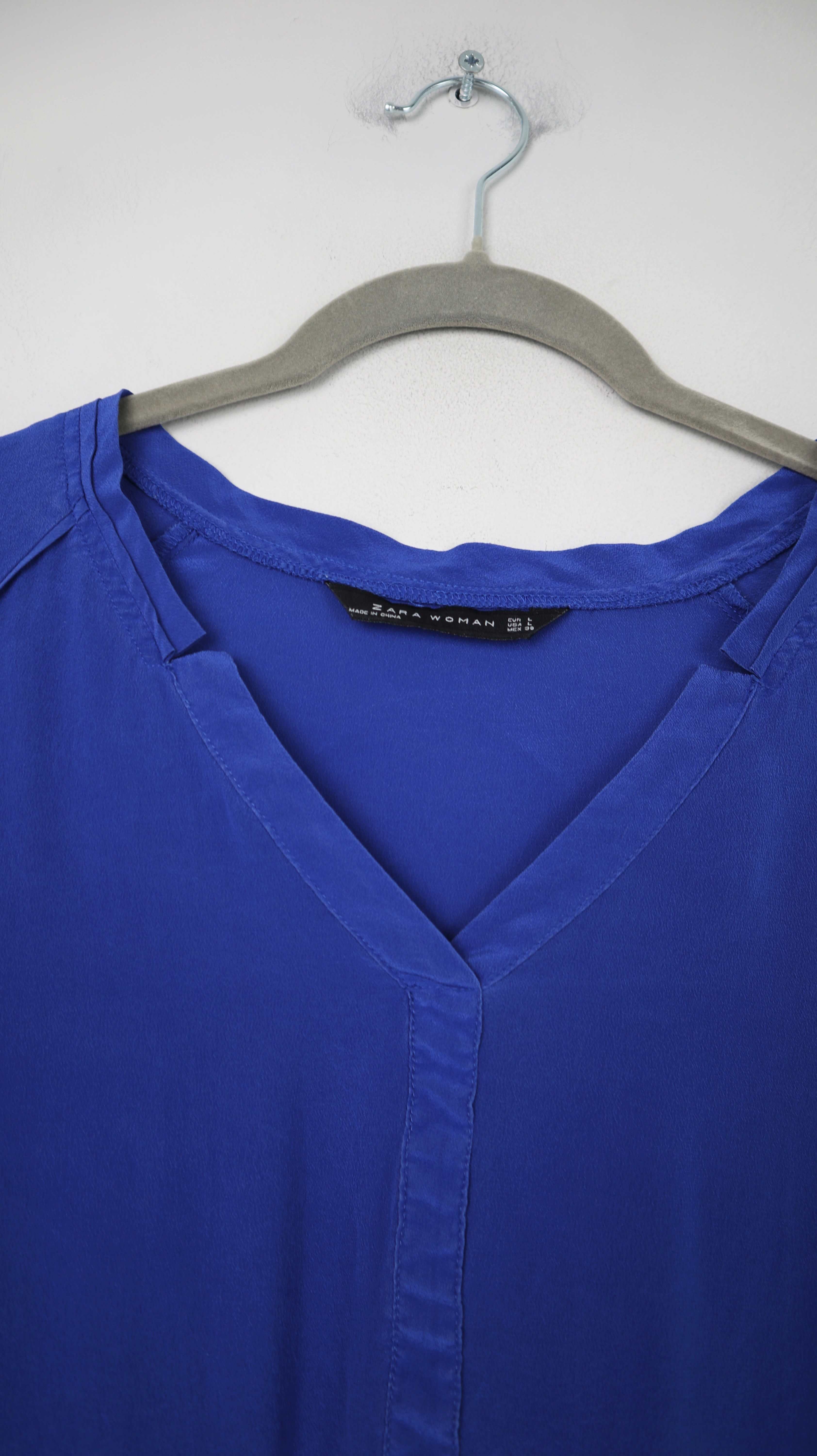Zara Bluse Blau Seide Seidenbluse 40 L Langarm Marineblau