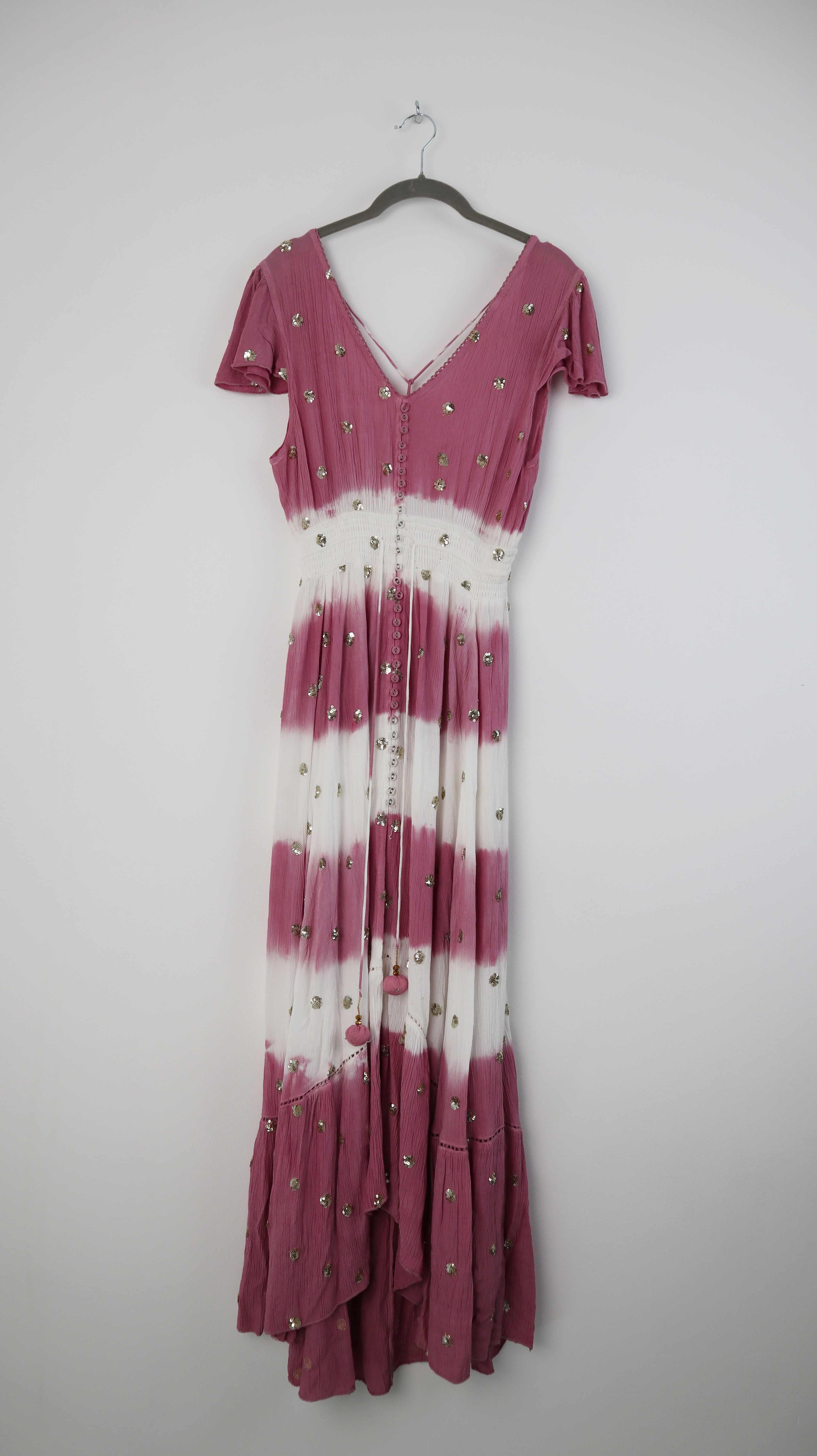 GOA Paris Kleid Maxikleid 38 M Pink weiß Gold Bommel Hippiekleid