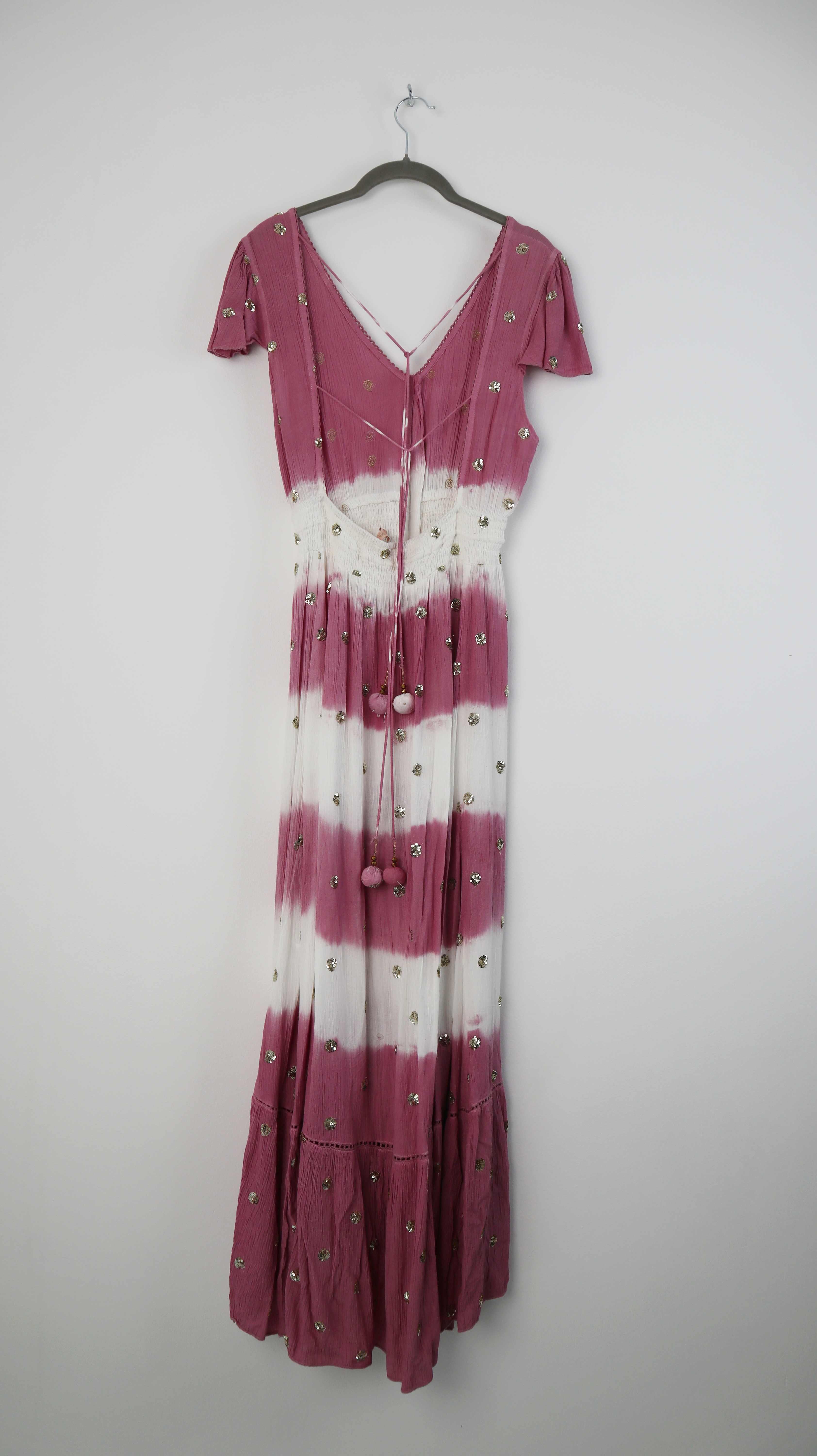 GOA Paris Kleid Maxikleid 38 M Pink weiß Gold Bommel Hippiekleid