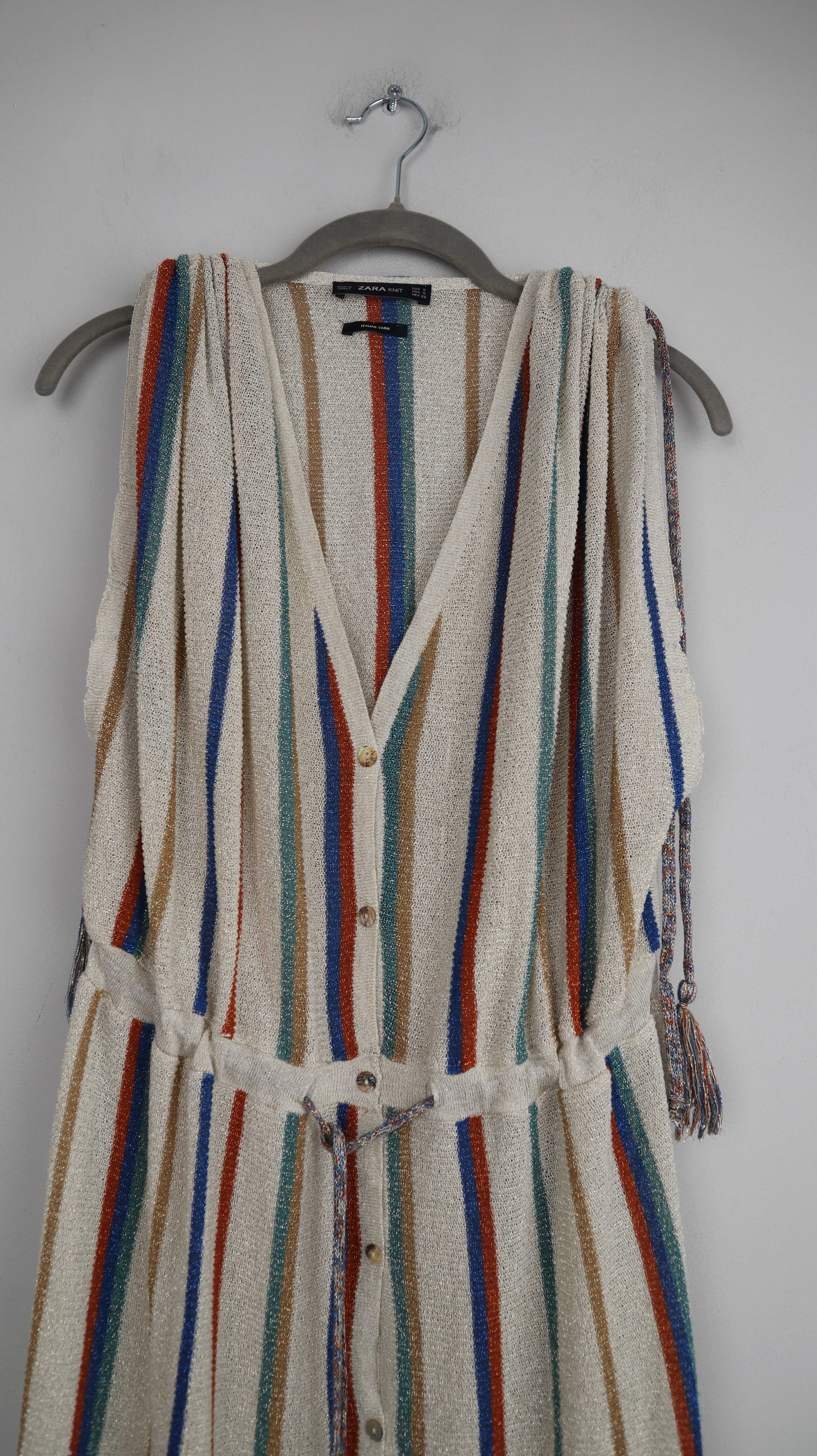 Zara Kleid Maxikleid Creme Beige Glitzer 36 S Streifen Streifenkleid