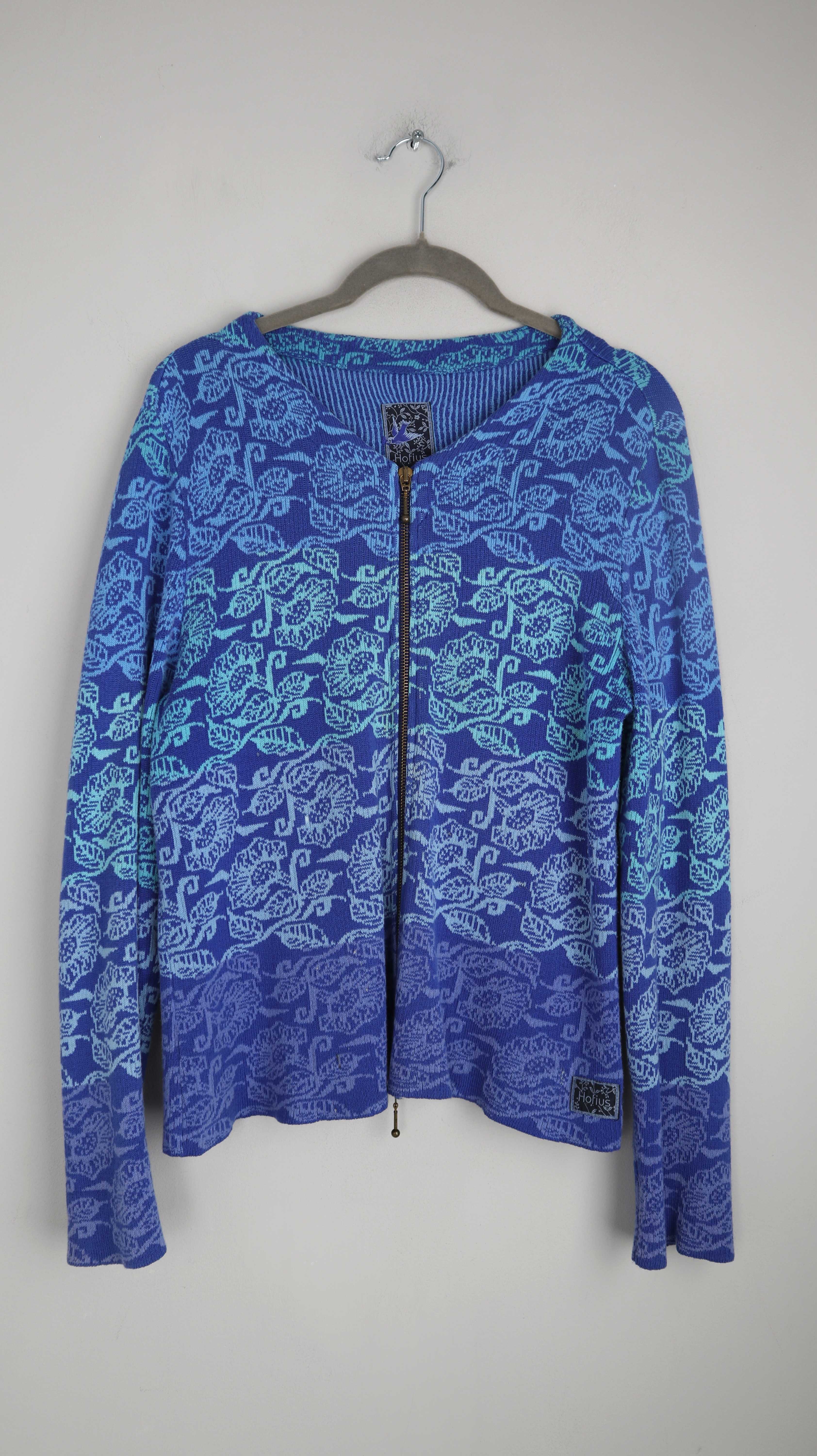 Hofius Jacke Blau Strickjacke Cardigan Muster gemustert 36 S Zipper