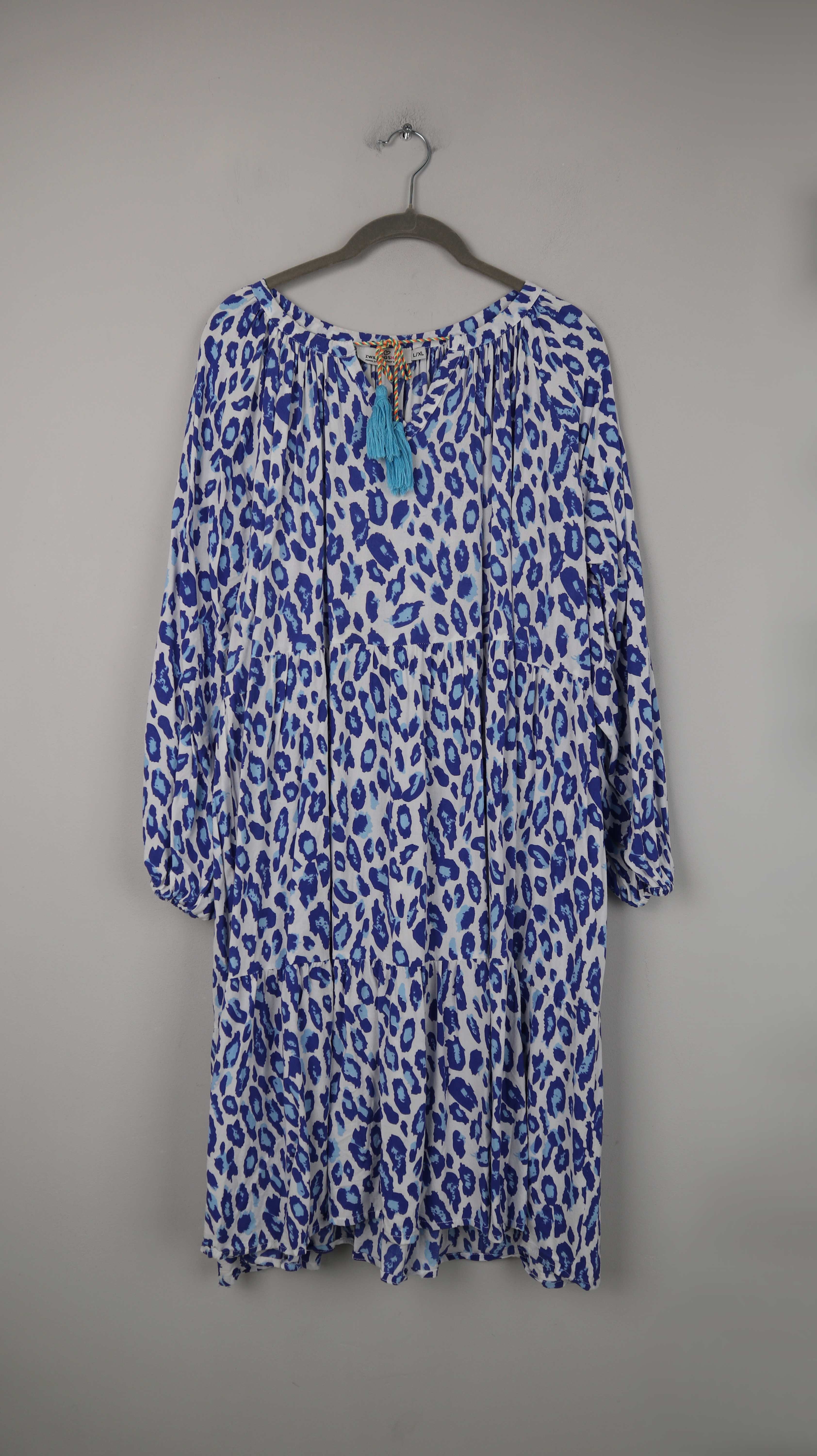 Zwillingsherz Kleid blau weiß Midi Midikleid Leo Leopardenmuster 40 L XL